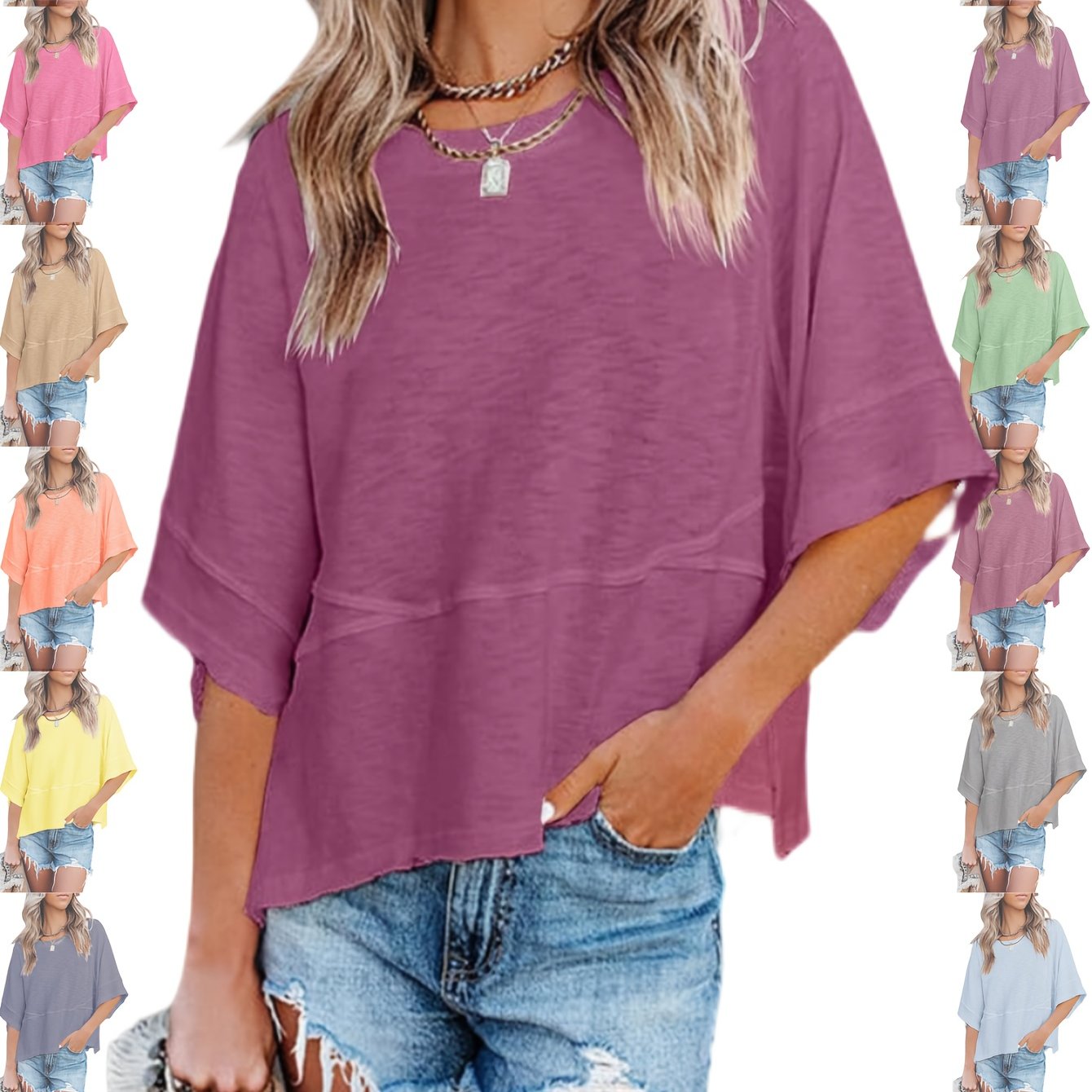 Women's Casual Summer Batwing T-Shirt - Loose Fit Half Sleeve Crewneck Top, Solid Color Flowy Blouse, Cute & Comfortable Machine-Washable Basic Tee for Casual Attire, Ladies T Shirts, Relaxed Summer Top, Simple Stylish Top, S