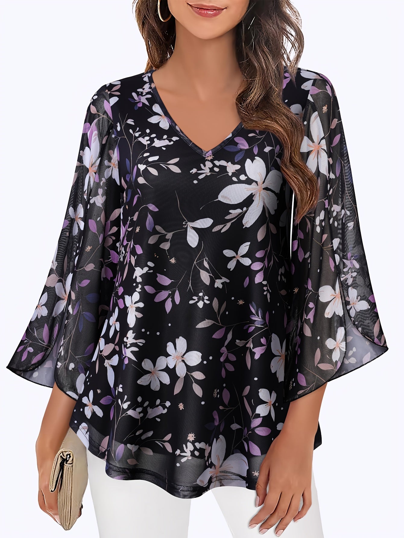 [Floral Blouse] Floral Print V-Neck Blouse | Women's Loose Fit Flowy Tunic Top with 3/4 Ruffle Sleeves & Double Layer Mesh Overlay - Semi-Sheer Lightweight Polyester-Spandex Blend for Spring/Summer Casual & Formal Outings