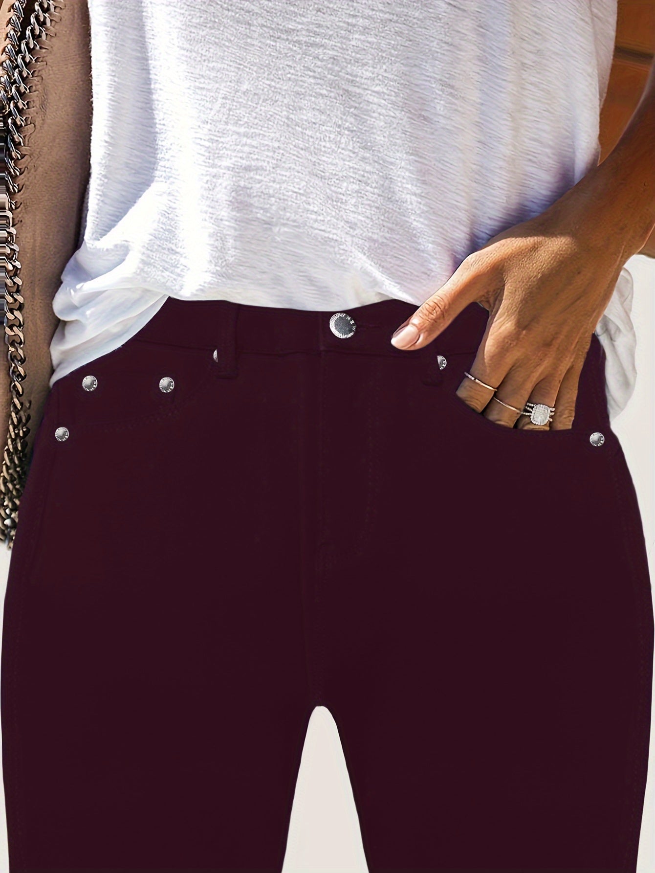 Women's High-Waisted Stretchy Street Style Solid Black Slim-Fit Jeans with Metal Button Details