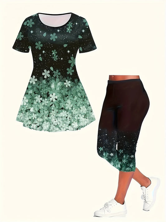 Lightweight and Comfortable Large Size Floral Print Two Piece Set Classic Round Neck Short Sleeve Top with Fashionable Seven-Quarter Pants Casual Summer Essential