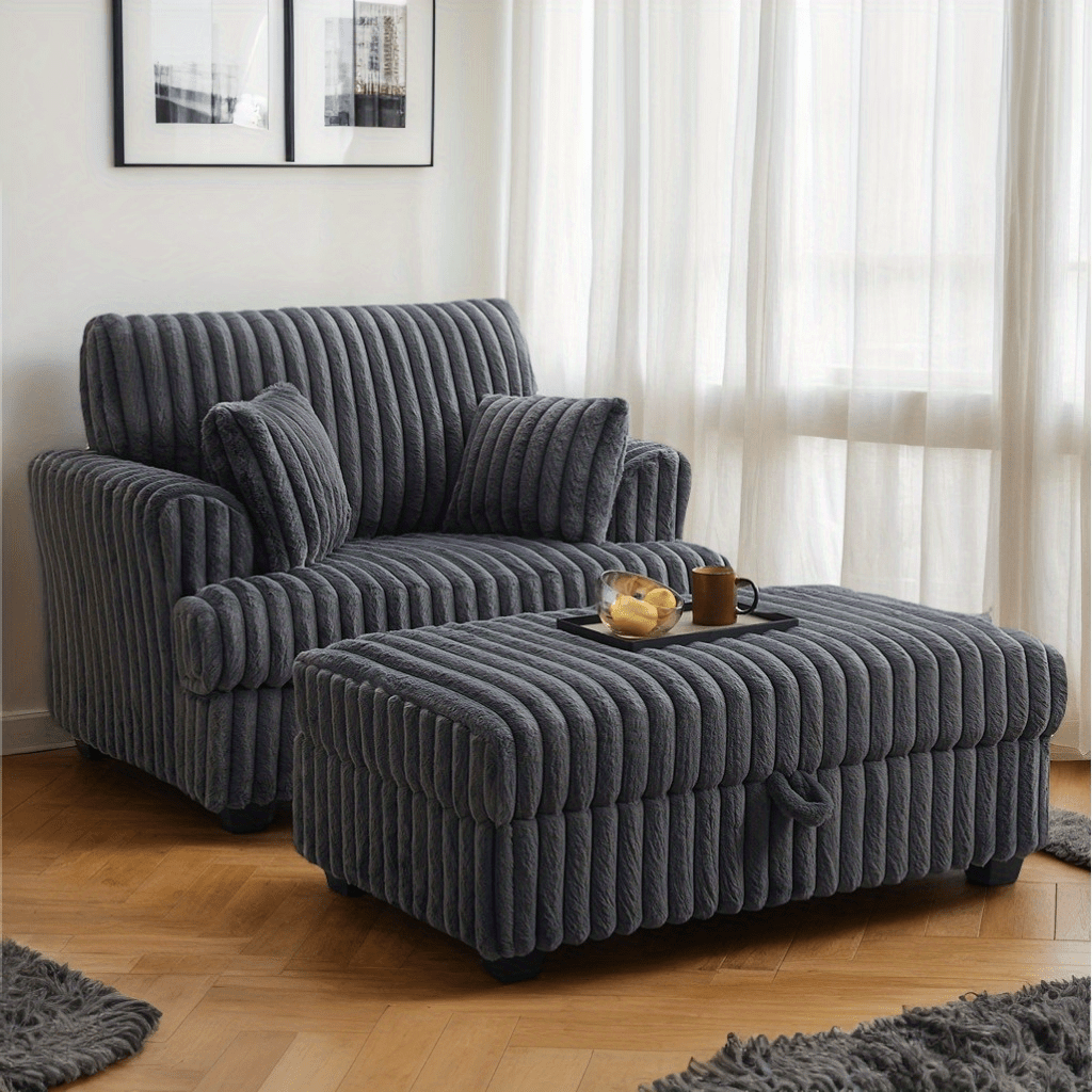JOCISLAND 50" Indoor Chaise Lounge Chair and Ottoman Set - Oversized Lounge with Storage, Armrests, and Throw Pillows for Living Room