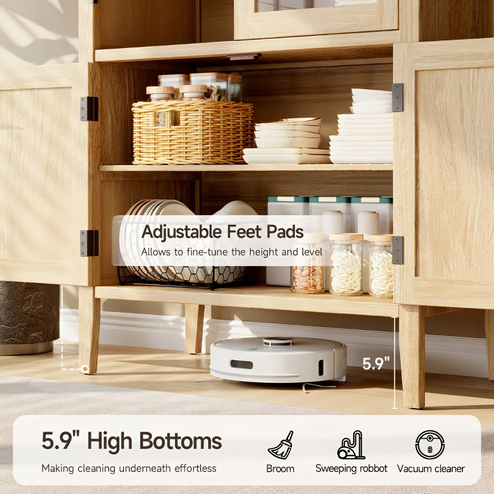 71 Inch Tall Arched Cabinet, 5 Tier Arched Kitchen Pantry Cabinet with Doors And Shelves, Modern Farmhouse Kitchen Storage Cabinet with Adjustable Feet for Living Room And Dining Room, Oak