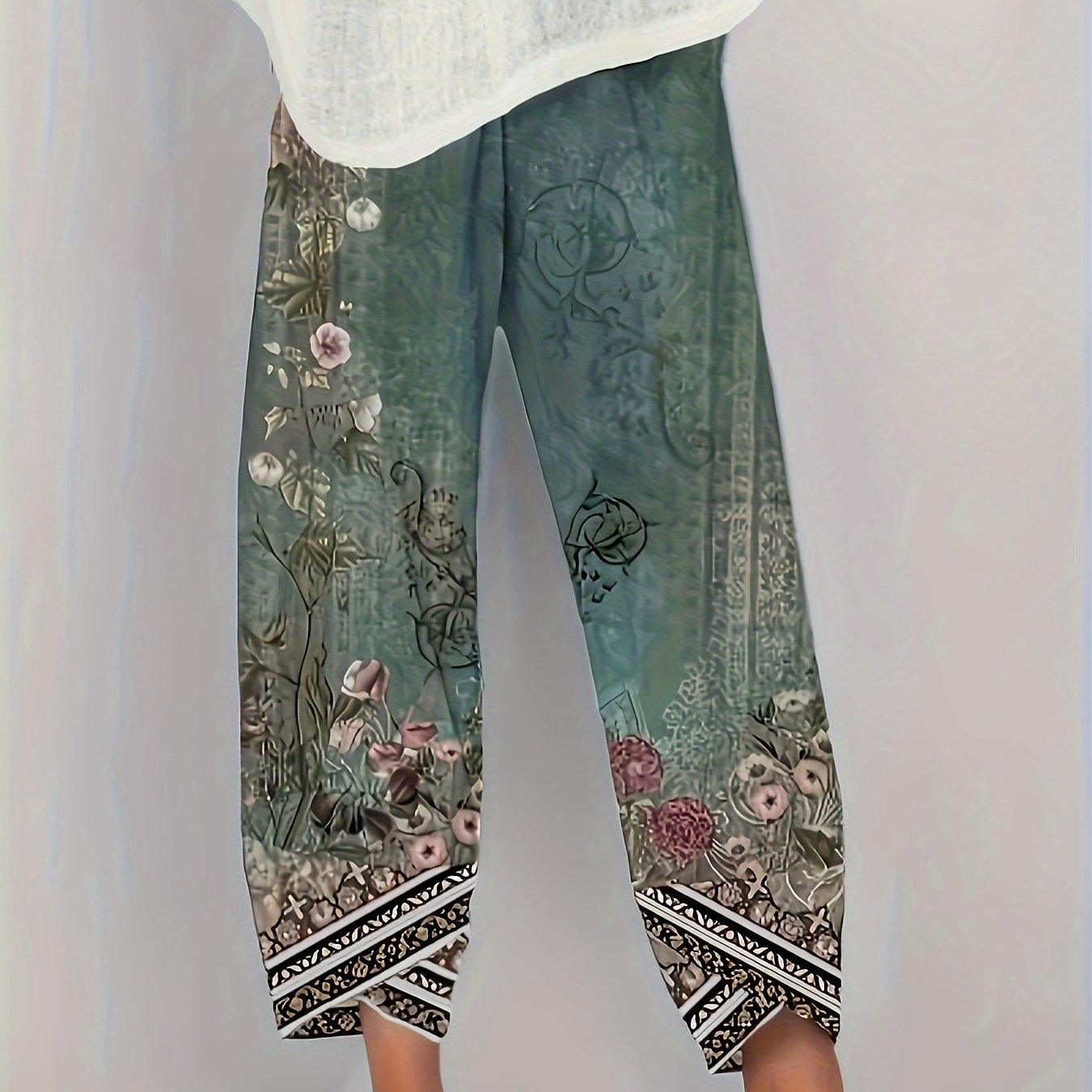 [Floral Print Palazzo Pants] Plus Size Floral Print Palazzo Pants | High Waist Wide Leg Cropped Pants, Soft Polyester Casual Summer Pants for Women, Lightweight & Breathable, Perfect for Casual Attire, Allseason Pants
