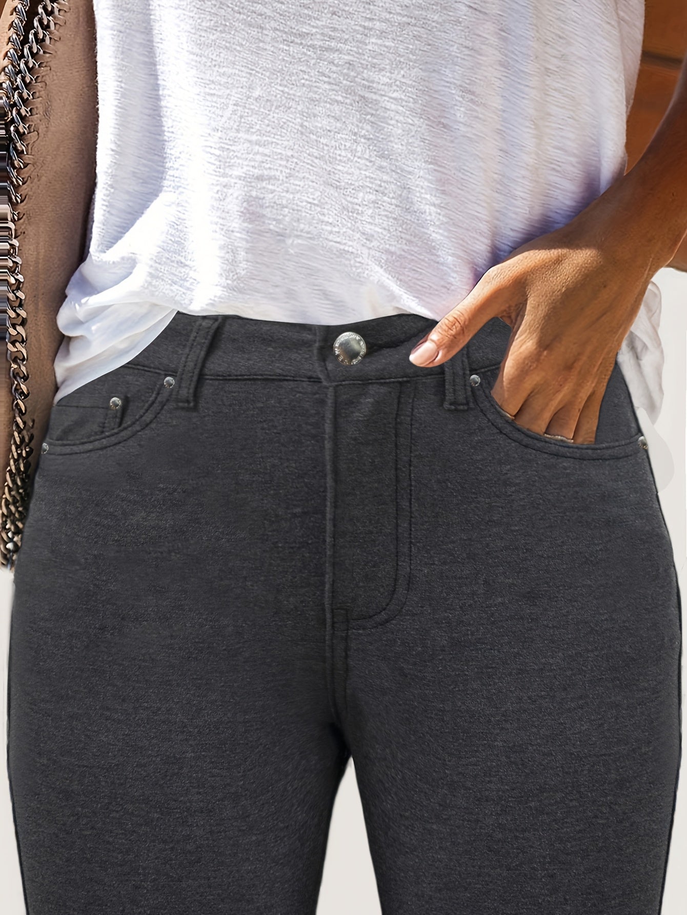 Women's High-Waisted Stretchy Street Style Solid Black Slim-Fit Jeans with Metal Button Details