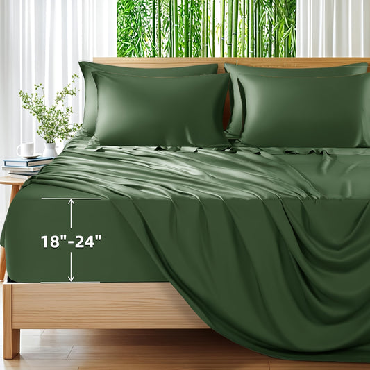 6pcs Bamboo Sheet Set - 100% Viscose Derived From Bamboo - Extra Deep Pocket Sheets Fits 18"-24" Thick Mattress - Cooling & Breathable Bed Sheets - Hotel-Quality Bedding Set