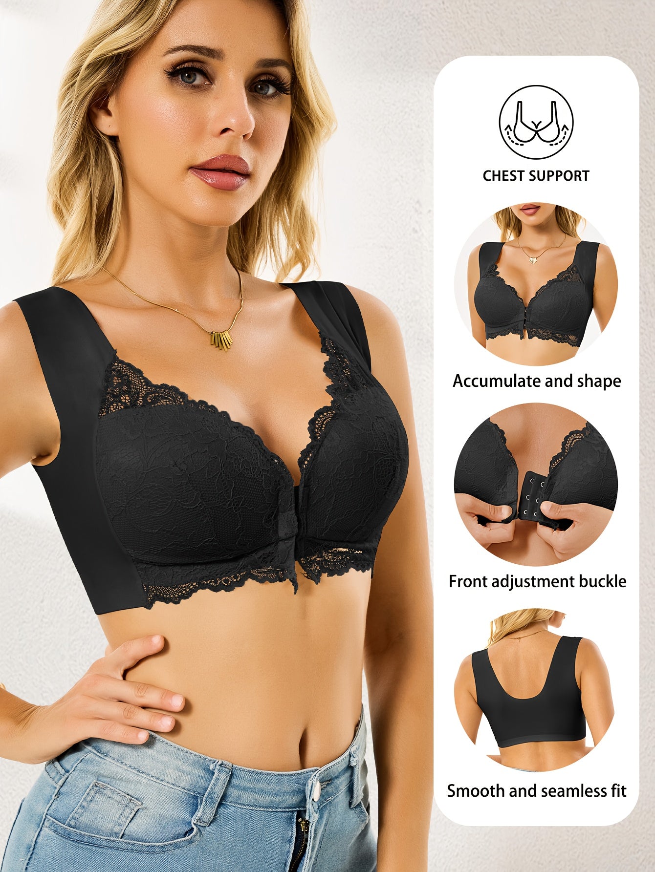 6pcs Lace Spliced front-opening Women's bra, elegant, wireless, No underwire, And romantic, charming, gathering, -sagging, High support, Adjustable, Seamless Bras for Women, Strapless Bras for Women Full Support, Front Closur