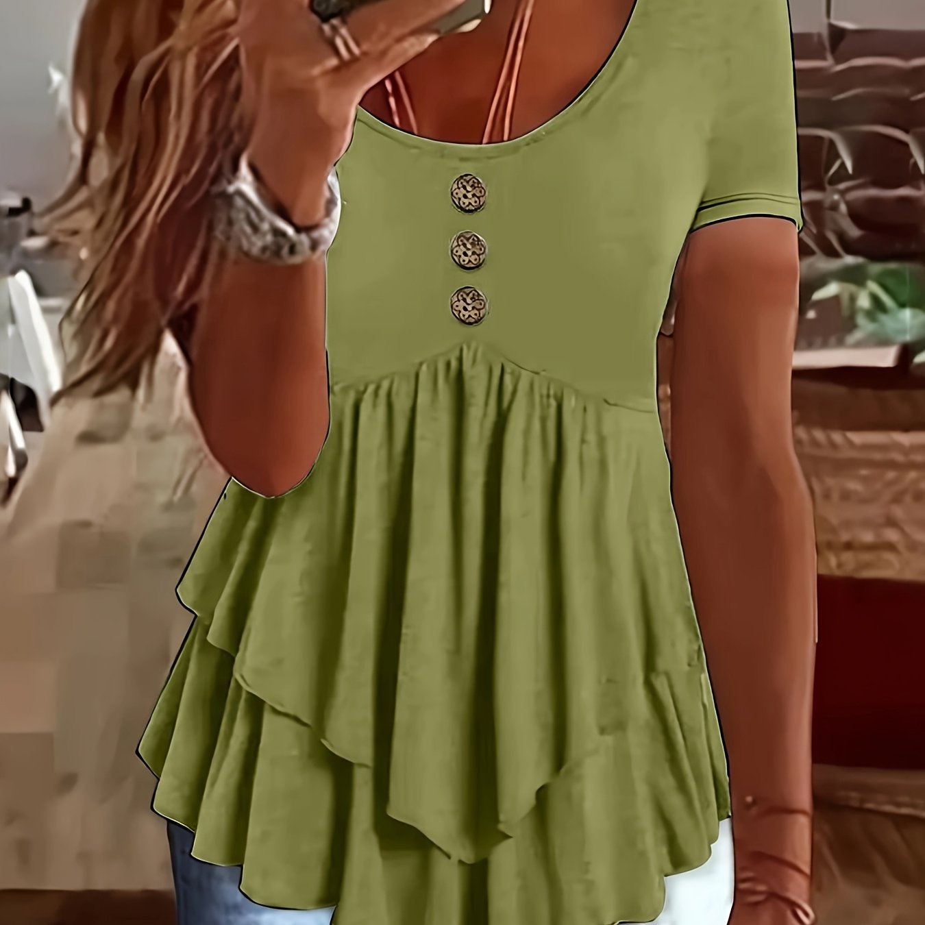 Women's Mint Green Crew Neck T-Shirt - Non-Stretch Casual Blouse with Front Button Closure, Tiered flare hem for Everyday & Formal Outfits - Machine Washable Summer Top, Ladies T-shirts, Nonstretch Fabric, Spring Fashion, Lig