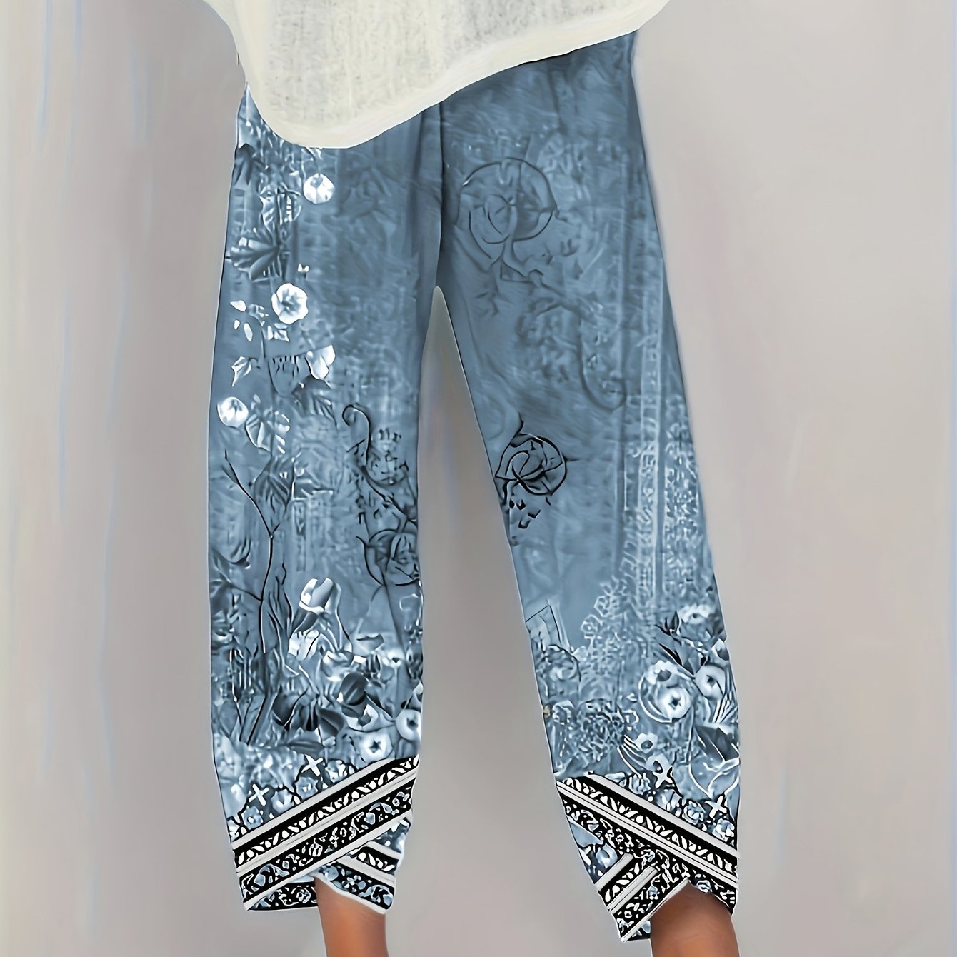[Floral Print Palazzo Pants] Plus Size Floral Print Palazzo Pants | High Waist Wide Leg Cropped Pants, Soft Polyester Casual Summer Pants for Women, Lightweight & Breathable, Perfect for Casual Attire, Allseason Pants
