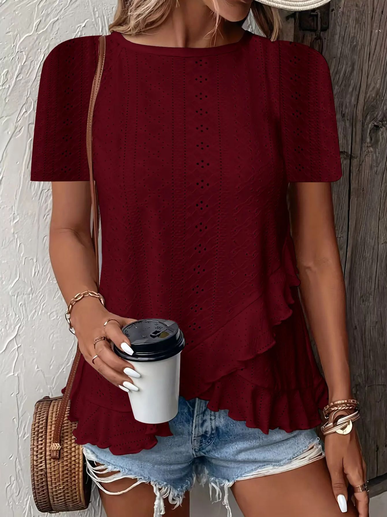 SINHOON Women'S Summer Casual Short Sleeve Solid Color Round Neck T-Shirt With Asymmetrical Hem