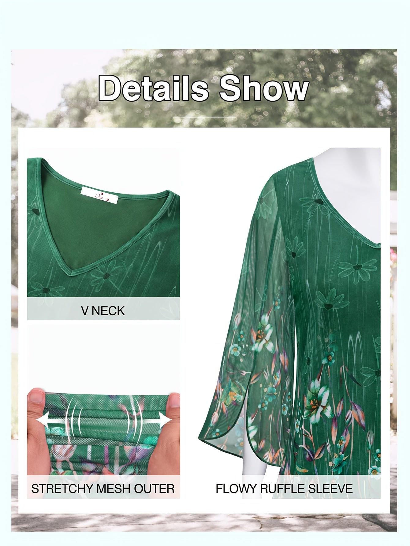[Floral Blouse] Floral Print V-Neck Blouse | Women's Loose Fit Flowy Tunic Top with 3/4 Ruffle Sleeves & Double Layer Mesh Overlay - Semi-Sheer Lightweight Polyester-Spandex Blend for Spring/Summer Casual & Formal Outings
