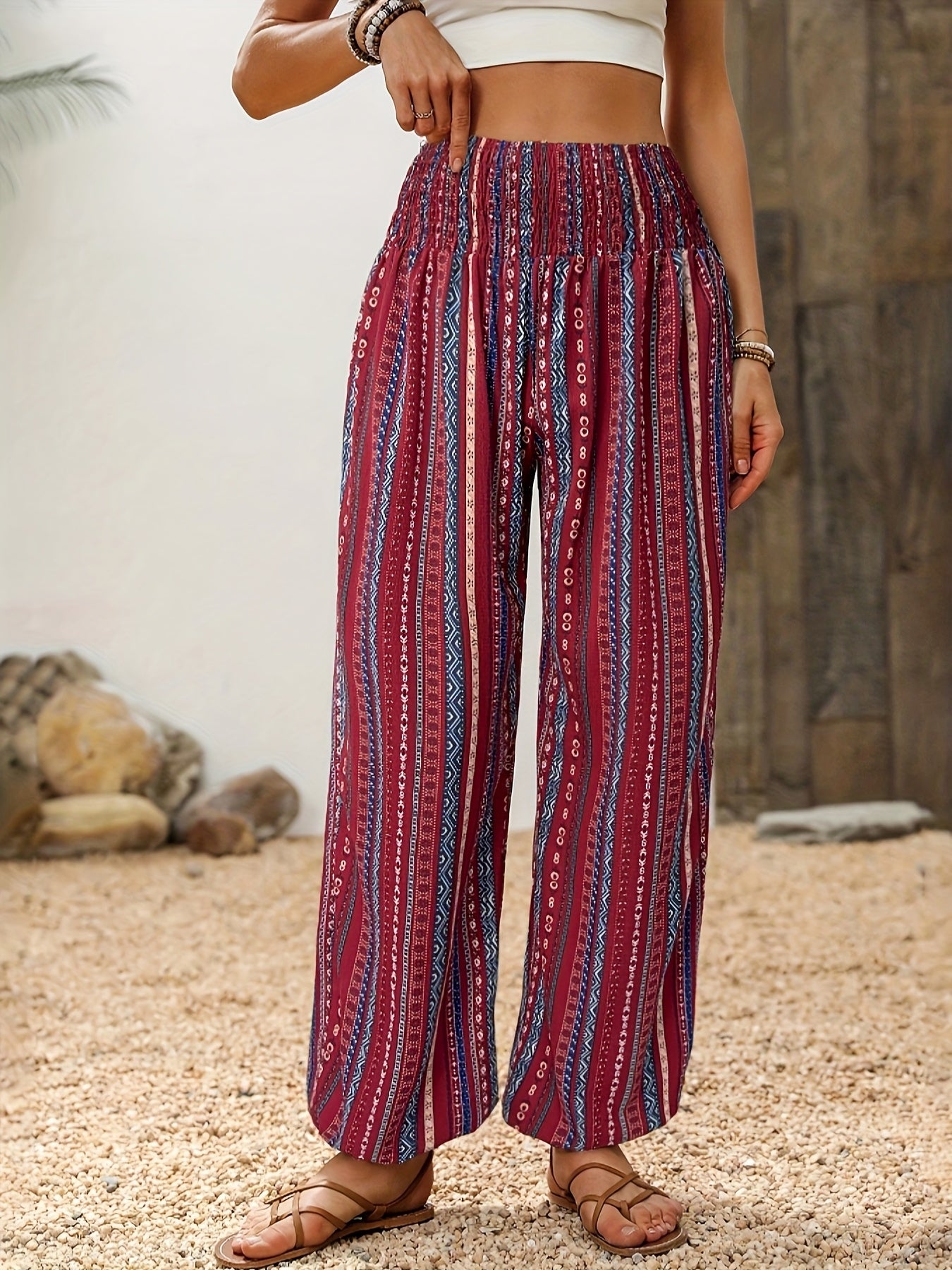 Women's Bohemian Ethnic Print High-Waisted Wide-Leg Pants - Elastic Waist Tassel Hem Lightweight Loose-Fit Trousers for Spring Summer Fall, Casual Outdoor Festivals & Beach Outings, Vacation Clothing, Loose Fit, Flowy Silhoue