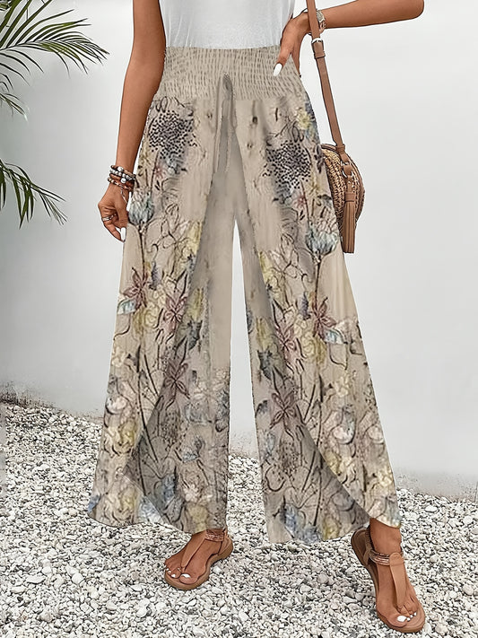Women's Floral Print Wide-Leg Pants - Elegant Loose Trousers for Casual & Holiday Wear, Beige with Green & Brown Floral Design, High-Waisted Mid-Length Pants, Machine Washable