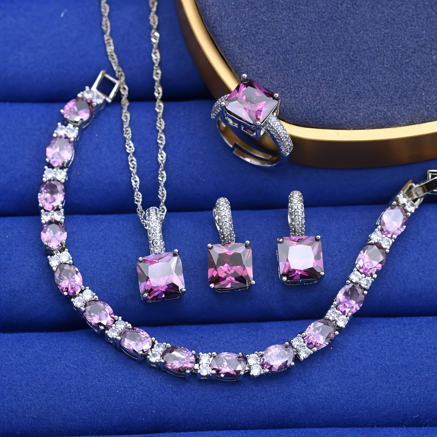 5pcs Vintage Style Copper Jewelry Set with Synthetic Purple Cubic Zirconia - Necklace, Earrings, Pendant, Ring, Bracelet - Ideal for Weddings, Christmas, Thanksgiving Gift, All-Season Accessory