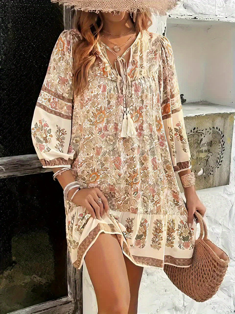Ladies' floral print holiday stylish Su tie dress