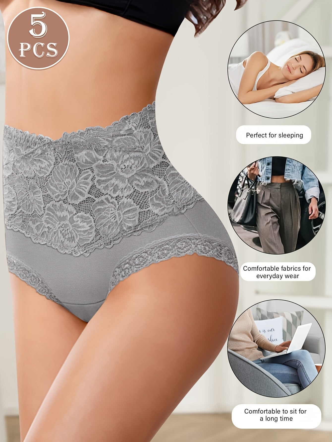 5pcs MEIYATING Women's High-Waisted Lace Trim Underwear - Elegant Floral Pattern, Breathable Nylon Blend, Comfort Fit, Sizes 10XL-5XL, Hand Wash Only