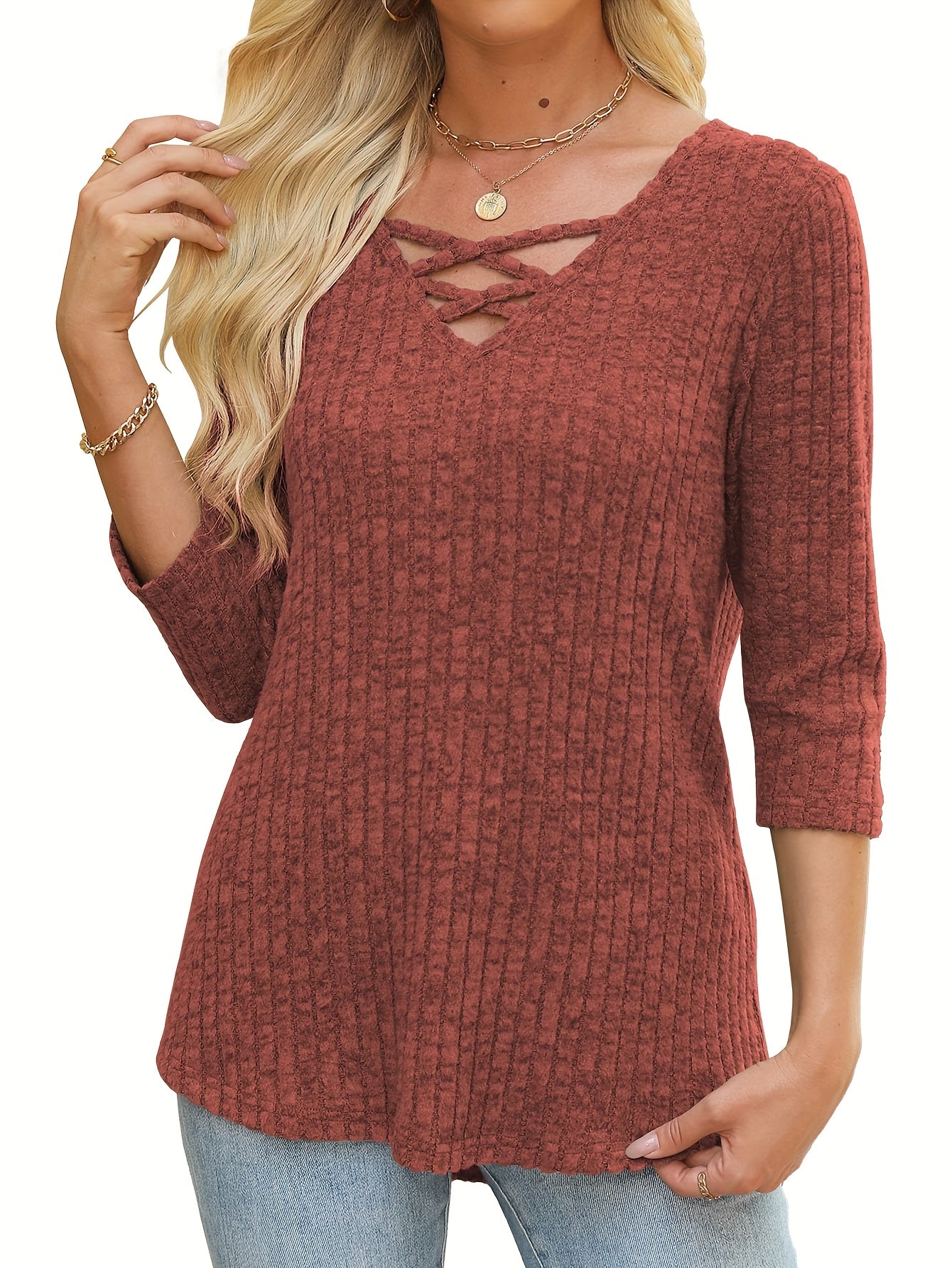 Women'S Casual 3/4 Sleeve V-Neck Top - Lightweight Loose Fit Pullover Shirt with Crisscross Front Detail, All-Season Comfort, Solid Color, Versatile for Casual Attire & Layering, Relaxed Outfit, Stylish Pullover, Quality Stit