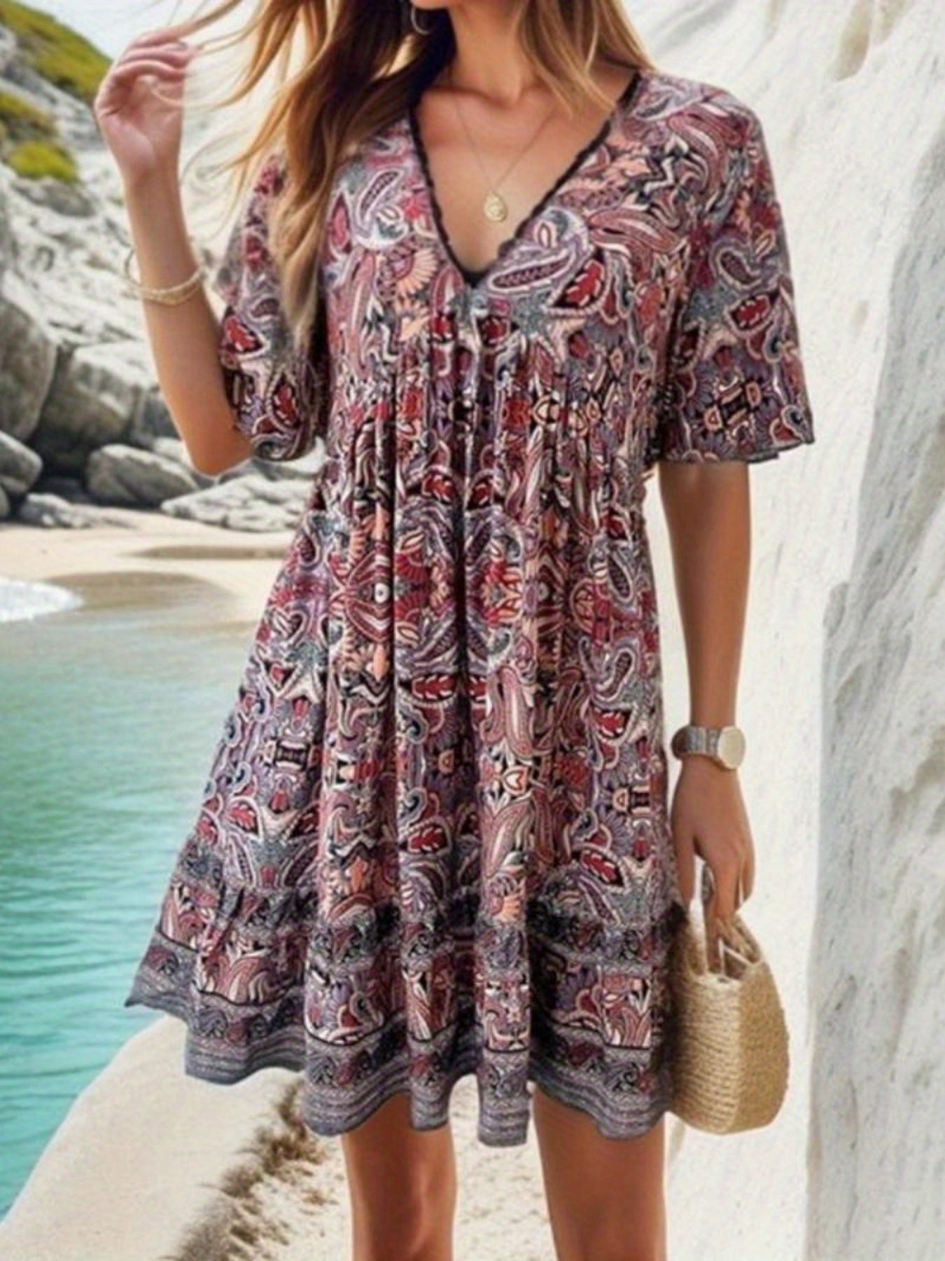 Women's Bohemian Floral Print V-Neck Summer Dress - Knee-Length Short Sleeve with Ruching Detail, Machine Washable Casual Holiday & Streetwear Dress, Cute Summer Dresses, Comfortable Fit