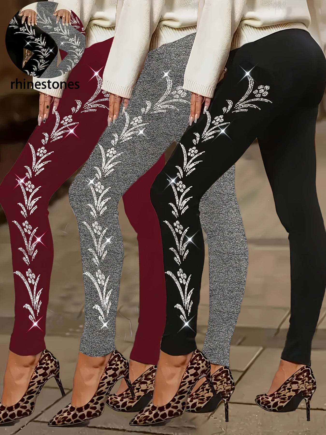 [Rhinestone Leggings] High-Waisted Plus Size Women's Leggings | Stretchy Rhinestone Floral Pattern, Machine-Washable, All-Season, Casual & Formal Wear, Elegant Style, Snug Fit