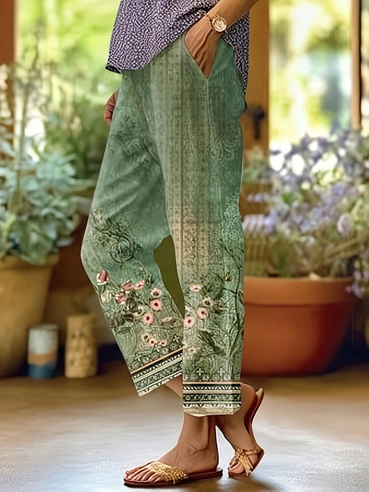 [Floral Print Vacation Trousers] Women's Floral Print Loose Trousers with Elastic Waistband - Vibrant Pink and Green Design, Comfortable Summer Casual Pants for Vacation and Everyday Wear