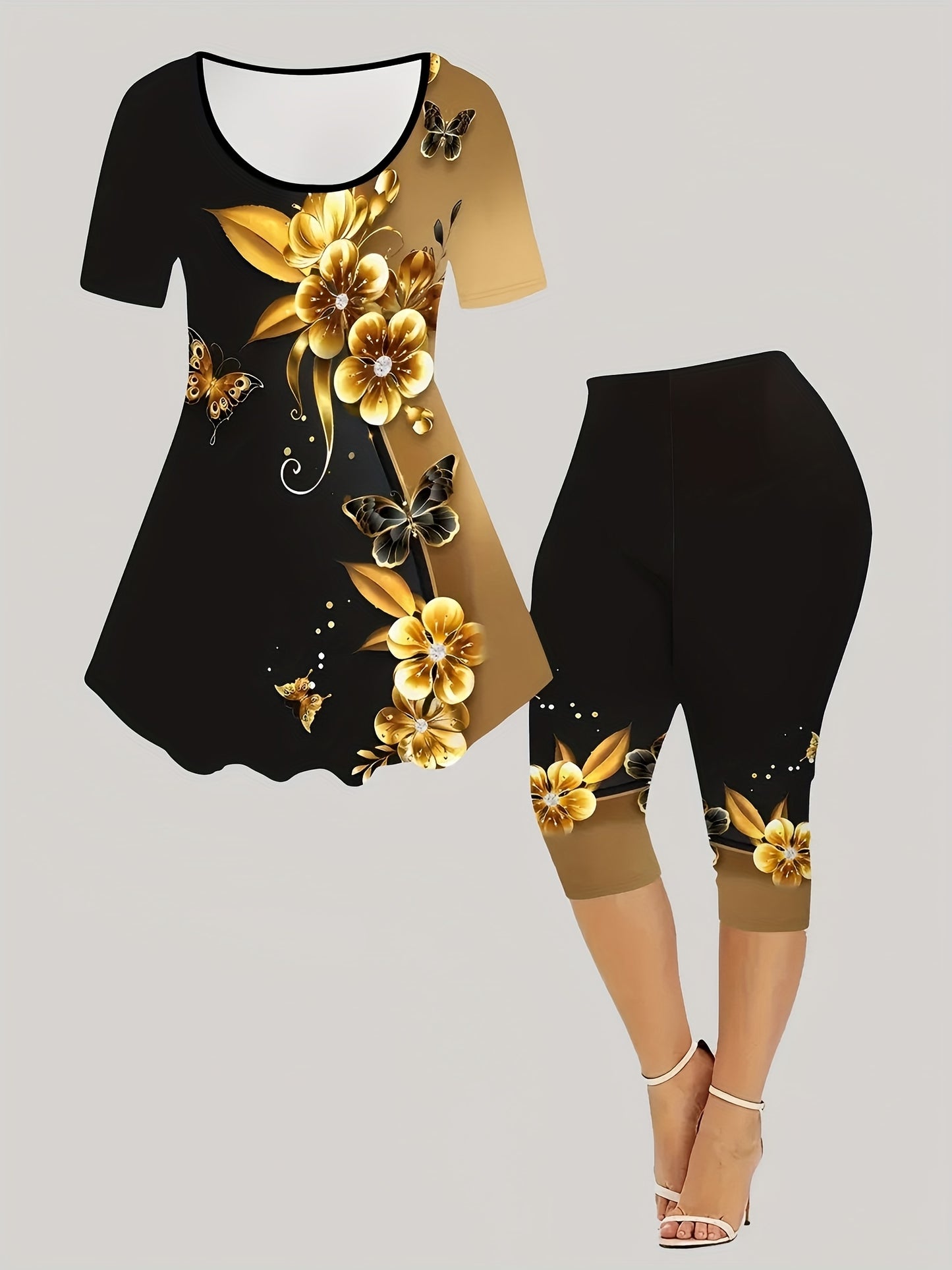 Floral Print Fashion Set - Women'S Casual Short Sleeved Top And Cropped Pants Set, Comfortable And Elastic