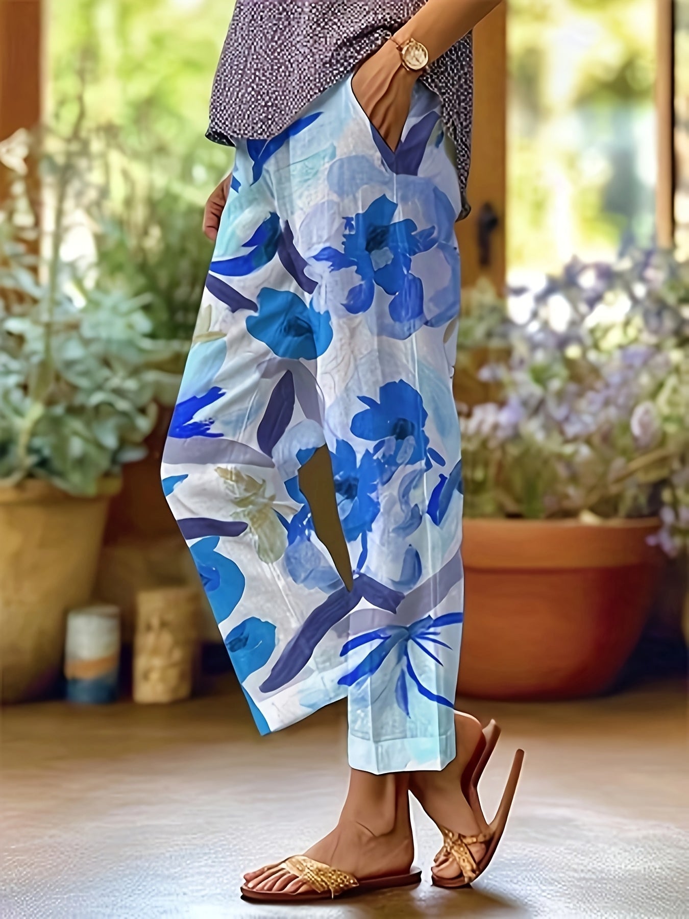Women's Elegant Floral Print Straight-Leg Casual Pants with Pockets - Machine Washable Non-Stretch Fabric, All-Season Versatile Trousers for Casual Attire & Leisure Activities, Relaxed Activity Trousers, No Stretch Fabric
