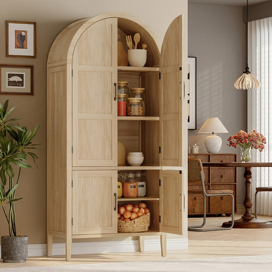 71 Inch Tall Arched Cabinet, 5 Tier Arched Kitchen Pantry Cabinet with Doors And Shelves, Modern Farmhouse Kitchen Storage Cabinet with Adjustable Feet for Living Room And Dining Room, Oak