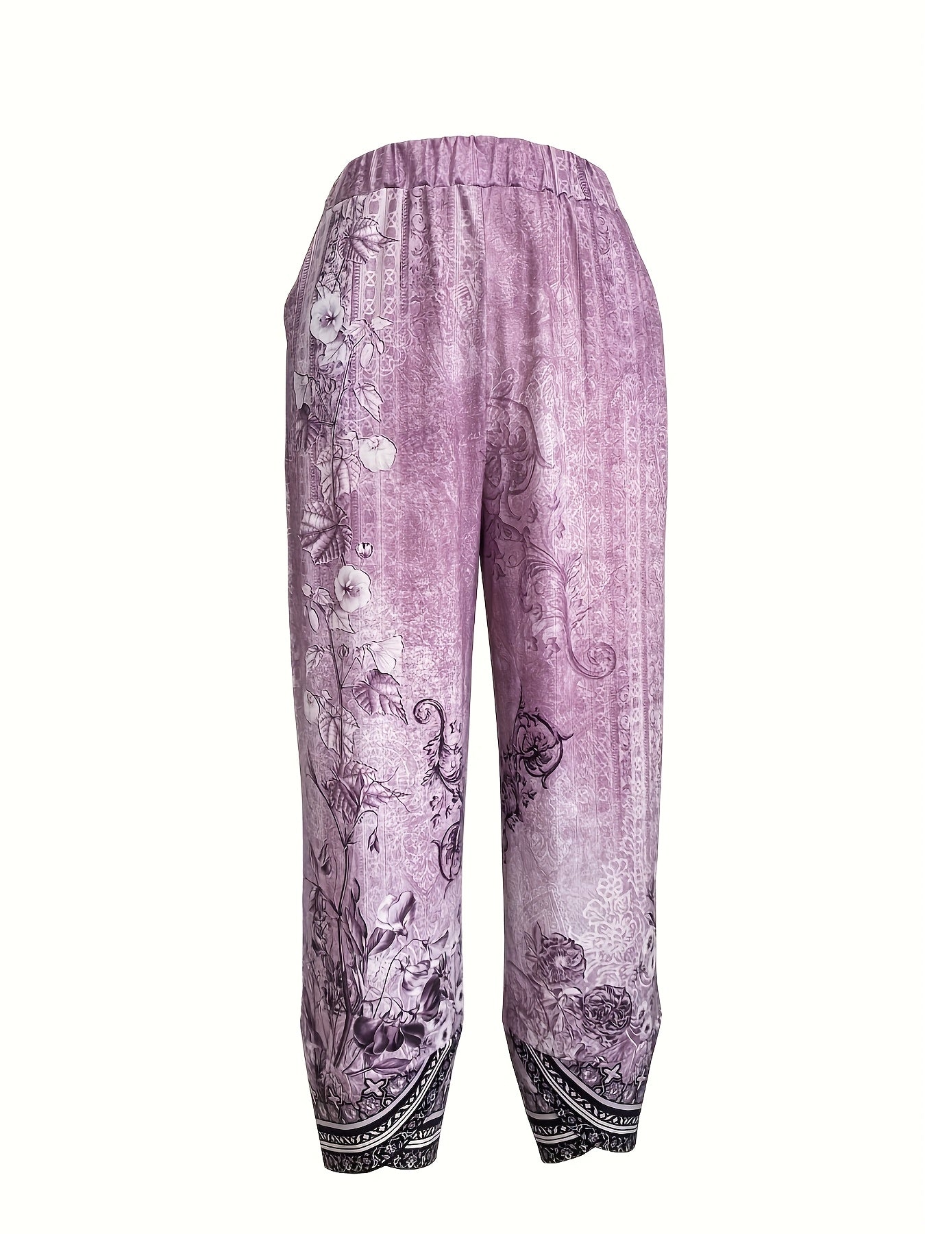 Women's Floral Print Cropped Pants - Elegant Loose-Fit with Pockets, Purple & Black Floral Pattern, Mid-Stretch Fabric for Spring/Summer/Fall, Floral Print Pants, Casual Casual Attire, Comfortable Fit