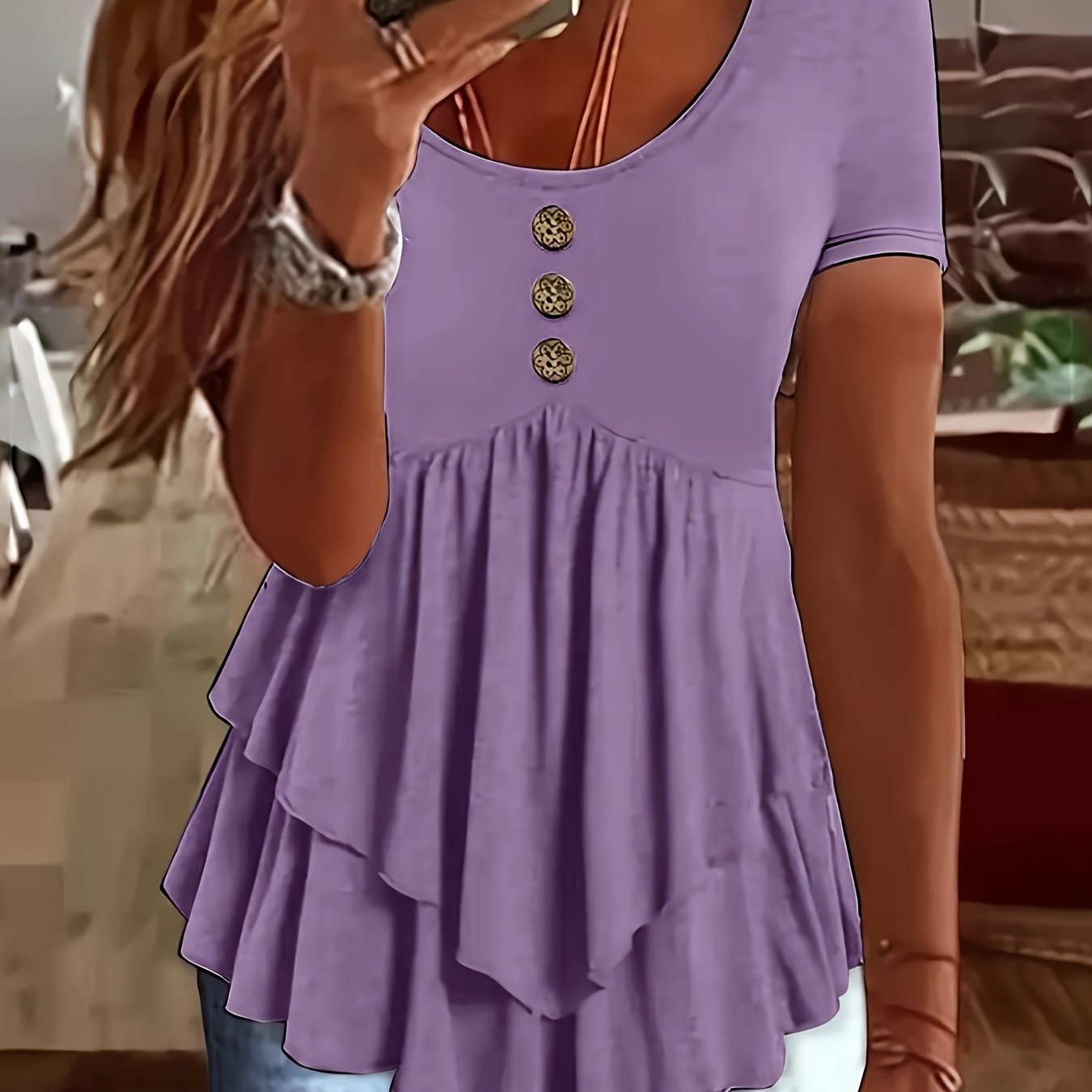 Women's Mint Green Crew Neck T-Shirt - Non-Stretch Casual Blouse with Front Button Closure, Tiered flare hem for Everyday & Formal Outfits - Machine Washable Summer Top, Ladies T-shirts, Nonstretch Fabric, Spring Fashion, Lig