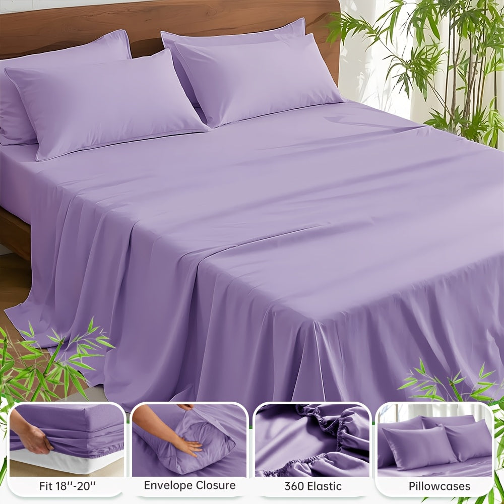 2000TC Summer Cooling Lavender Bed Sheets Set, Bamboo Bedding Set, Ultra-Soft And Breathable for Summer Comfort - Includes Flat Sheet, Fitted Sheet And 2 Pillowcases, Hot Weather Sleep, Minimalist Bedset, High Thread Count Sh