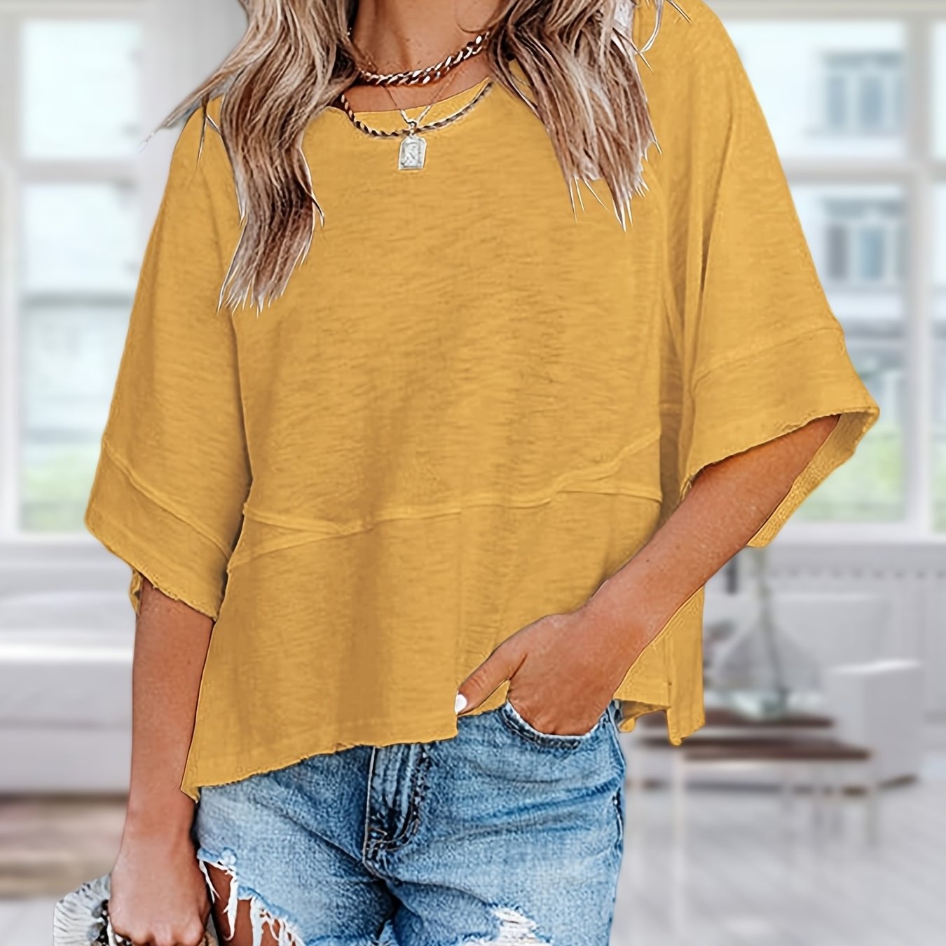 Women's Casual Summer Batwing T-Shirt - Loose Fit Half Sleeve Crewneck Top, Solid Color Flowy Blouse, Cute & Comfortable Machine-Washable Basic Tee for Casual Attire, Ladies T Shirts, Relaxed Summer Top, Simple Stylish Top, S