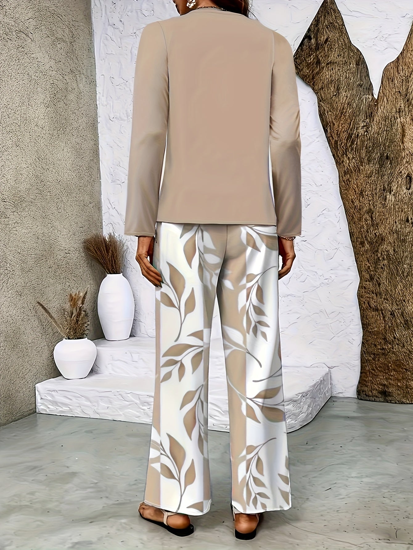 New Development: Plant Striped Printed Square Collar Double-layer Design, Long Sleeved Top, Straight Leg Pants Two-piece Set, Casual And Comfortable Long Sleeved Suit