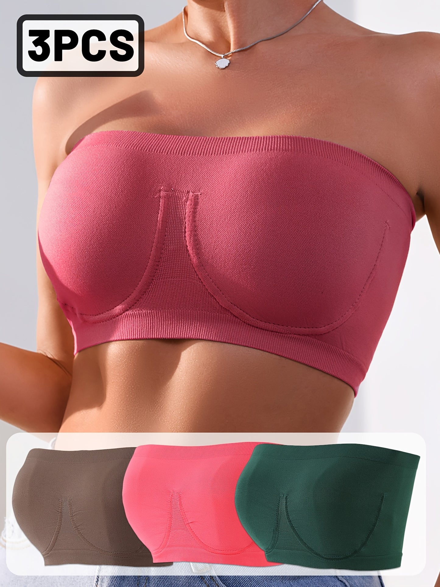 3pcs EssElegance Plus Size Strapless SeamlessBandeau Tube Bra -Wire-Free Non-Slip Design, High-Stretch & Breathable For Backless DressesDaily Comfort