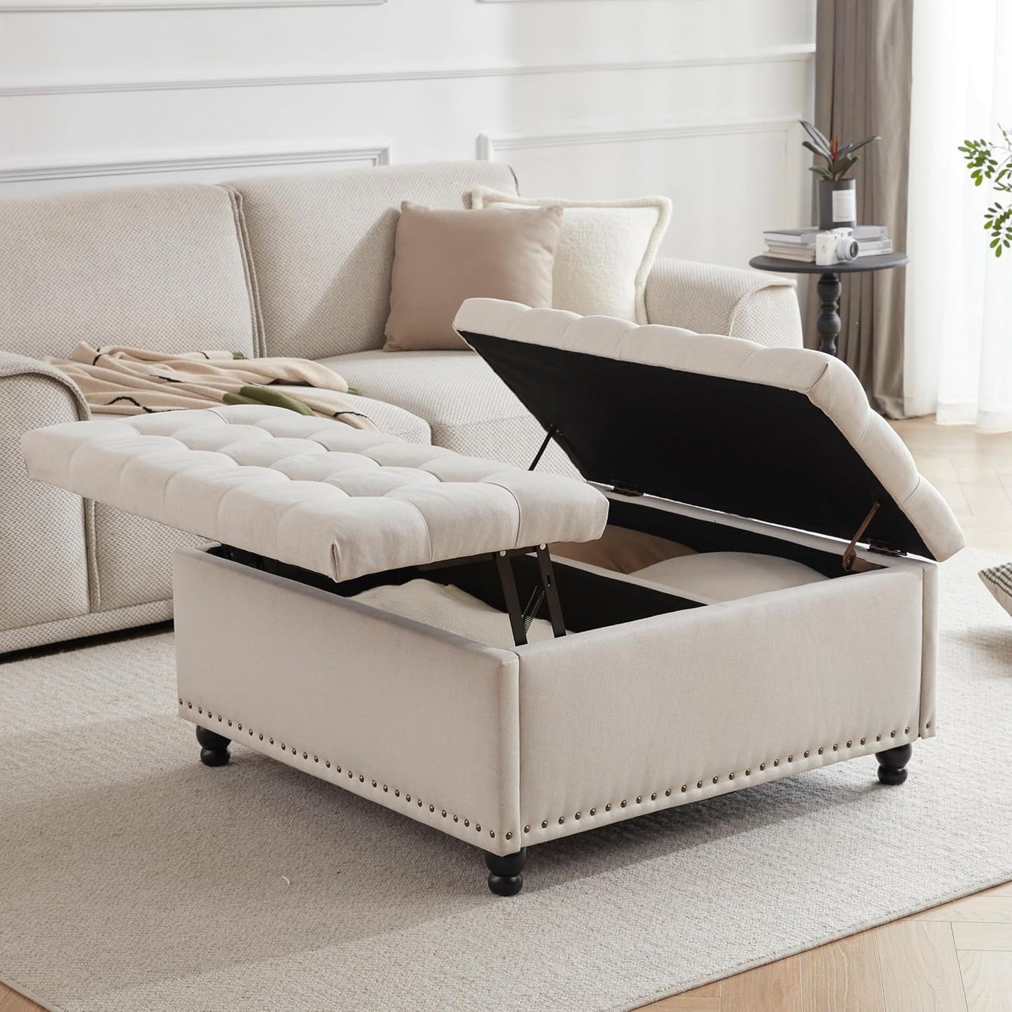 Large Square Storage Ottoman Bench, Square Tufted Upholstered Coffee Table Ottoman With Storage, Toy Box, Ottoman For Living Room, Oversized Storage Bench, Bedroom Ottoman, Entryway, Coffee Table For Living Room