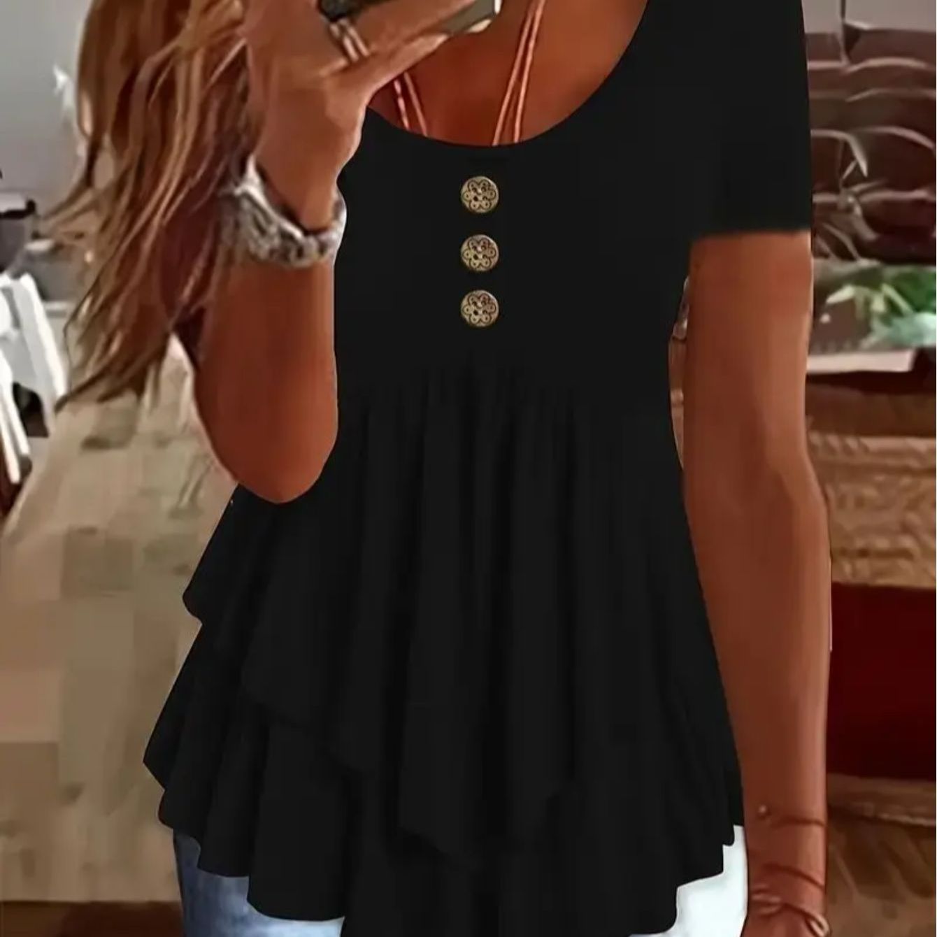 Women's Mint Green Crew Neck T-Shirt - Non-Stretch Casual Blouse with Front Button Closure, Tiered flare hem for Everyday & Formal Outfits - Machine Washable Summer Top, Ladies T-shirts, Nonstretch Fabric, Spring Fashion, Lig