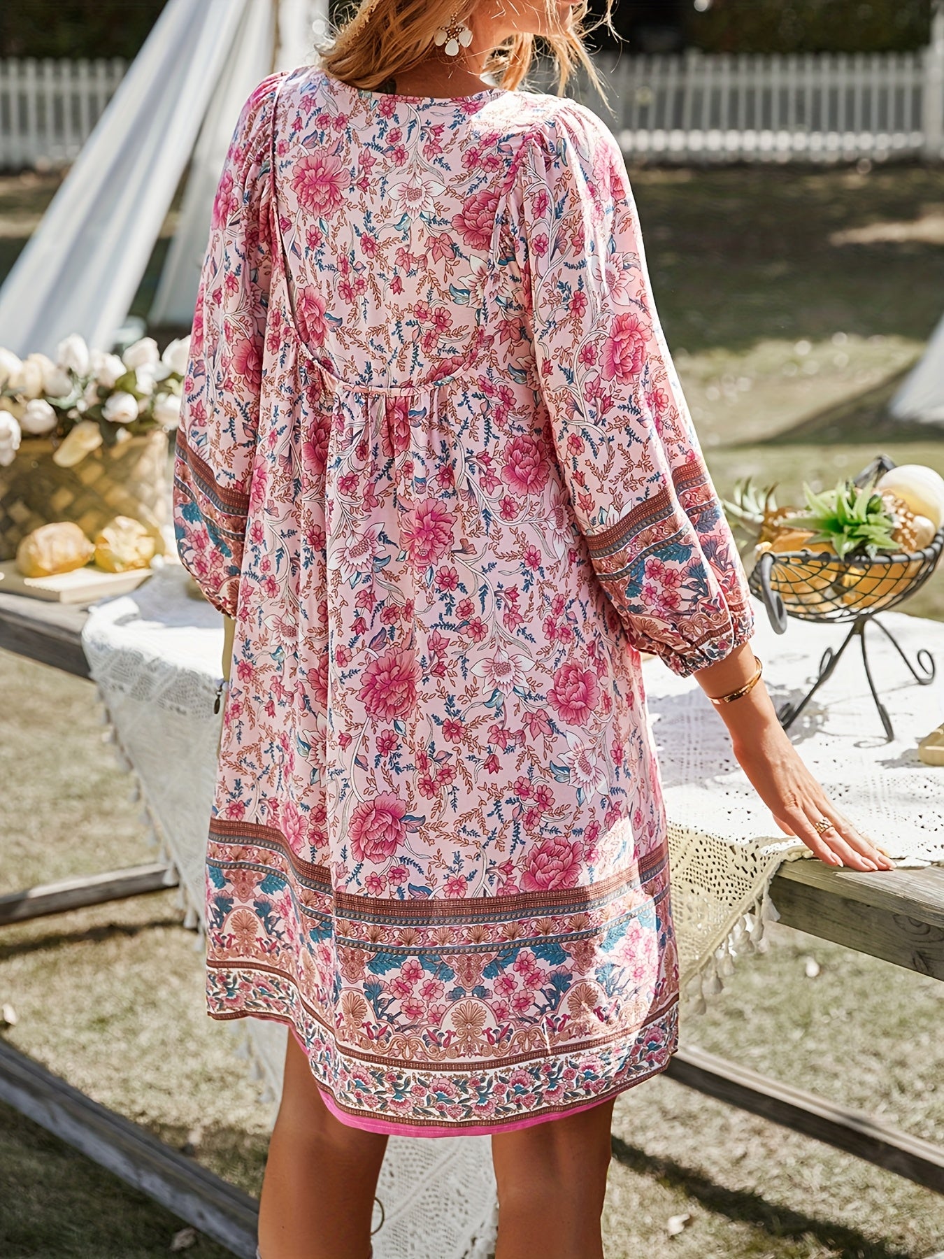ZAFUL Summer Loose Elegant Dress, Women'S Thin Light Color Breathable Princess Sleeve Shrink Cuff, Fashion Vacation Storm Simia Style Design Deep V Lace Dress, Vacation Flower Pattern Women'S Vacation Dress