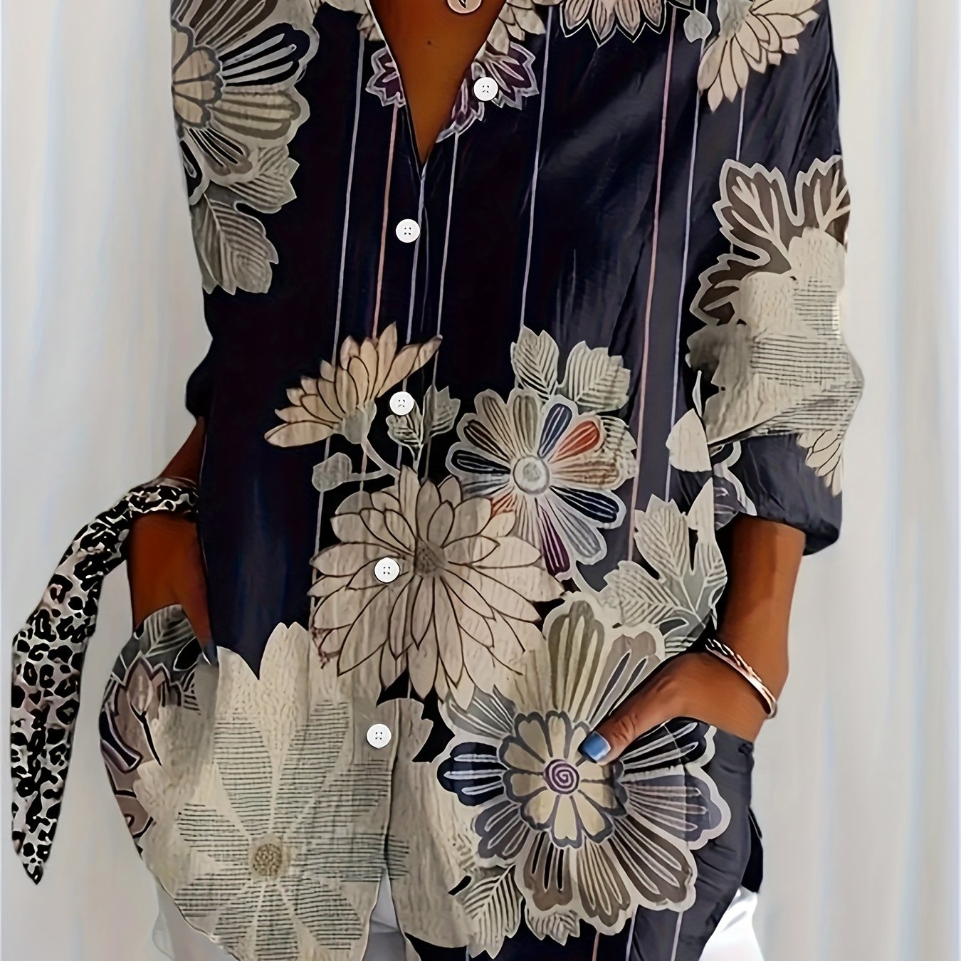 [Vintage Floral Shirt] Vintage Floral Print Women's Long Sleeve Shirt | Casual Button-Up Blouse with Classic Collar, Machine Washable Non-See-Through Fabric, All-Season Versatile Top