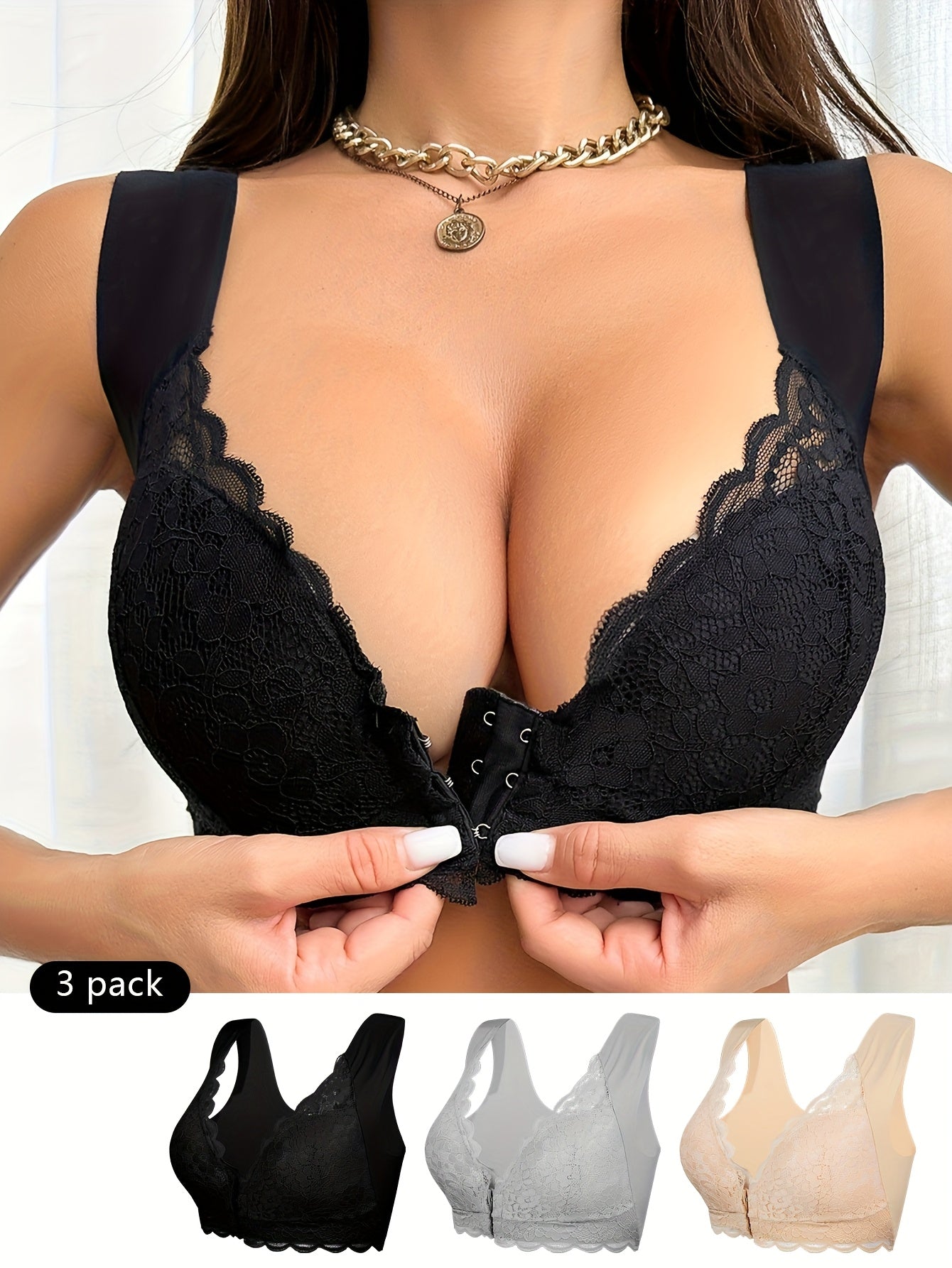 3pcs Women's Elegant Floral Lace Front Closure Push-Up Bras - Wide Strap Soft Comfortable Wire-Free Lift with Non-Detachable Padding, Solid Black/Beige/Nude Colors for Everyday & Special Occasions, Hand Washable