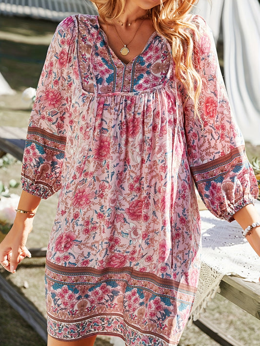 ZAFUL Summer Loose Elegant Dress, Women'S Thin Light Color Breathable Princess Sleeve Shrink Cuff, Fashion Vacation Storm Simia Style Design Deep V Lace Dress, Vacation Flower Pattern Women'S Vacation Dress