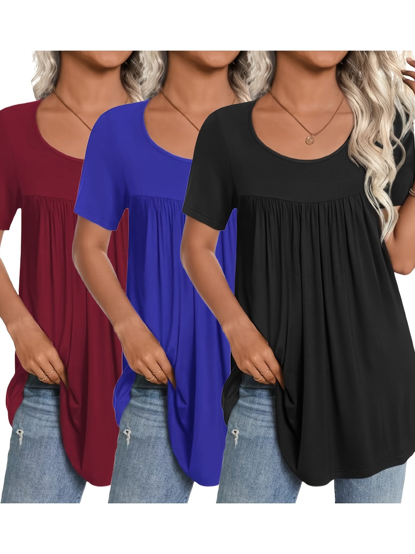 [Summer T-Shirts] 3pcs Comfortable Women's Summer Casual T-Shirts | Crew Neck, Short Sleeve, Solid Color (White, Light Gray, Black) - Machine Washable