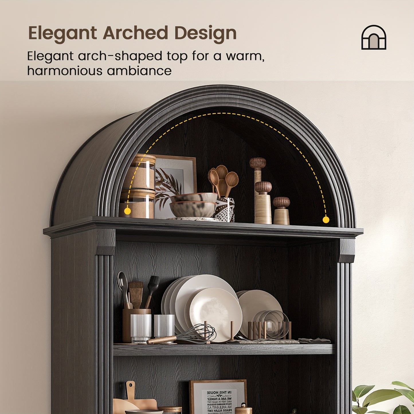 HWB 71" Tall Arched Kitchen Pantry Cabinet with LED Lights - Adjustable Shelves, Open Storage for China, Books & Kitchenware, Modern Wood Cabinet