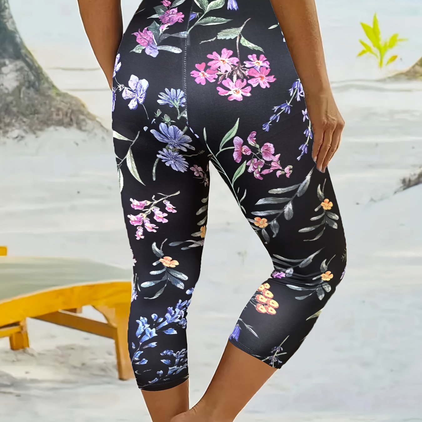 Women's High-Elasticity Floral Print Yoga Leggings - Vibrant Pink, Blue & Green Floral Design on Black Background, Machine Washable, Perfect for Fitness, Pilates, Dance & Casual Wear, Yoga Pants