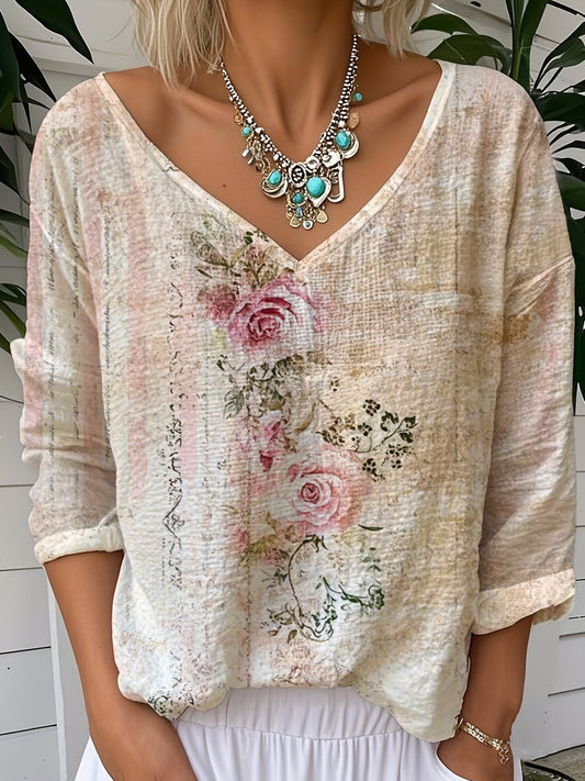 Women's Vintage Casual 3D Floral Print V-Neck Long Sleeve Blouse - Lightweight Summer Shirt with Pink Roses & Green Foliage Design, Machine Washable, Relaxed Fit Top, Soft Texture Apparel, Everyday Top, Breathable Fabric, Adu