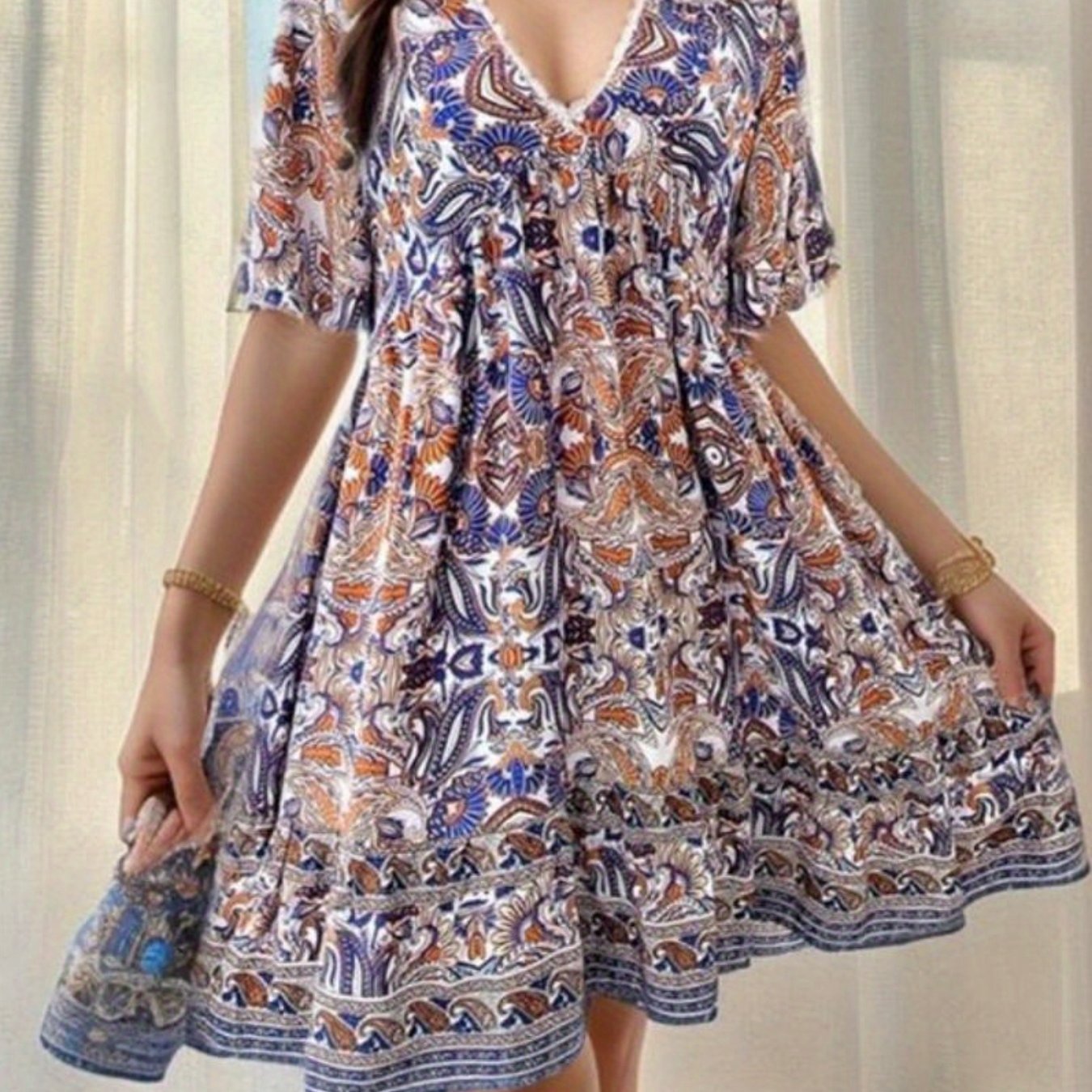 Womens Summer Casual V Neck Summer Half Sleeve Bohemian Floral Print Mini Short Dresses Holiday Streetwear