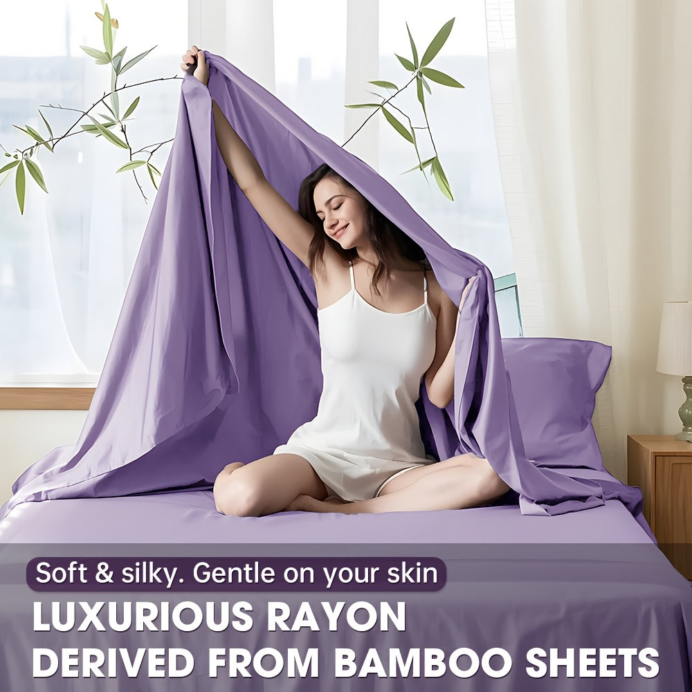 2000TC Summer Cooling Lavender Bed Sheets Set, Bamboo Bedding Set, Ultra-Soft And Breathable for Summer Comfort - Includes Flat Sheet, Fitted Sheet And 2 Pillowcases, Hot Weather Sleep, Minimalist Bedset, High Thread Count Sh