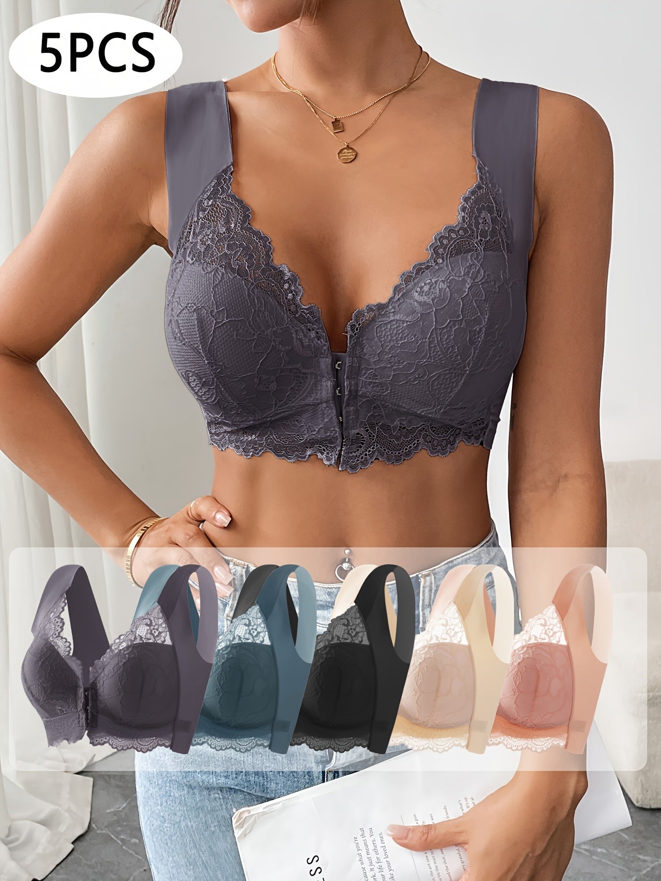 [Elegant Lace Push-Up Bra] 5pcs Elegant Contrast Lace Push-Up Bra Set | Mixed Color, Front Closure, Non-Removable Pads, Wire-Free - Casual Attire Lingerie