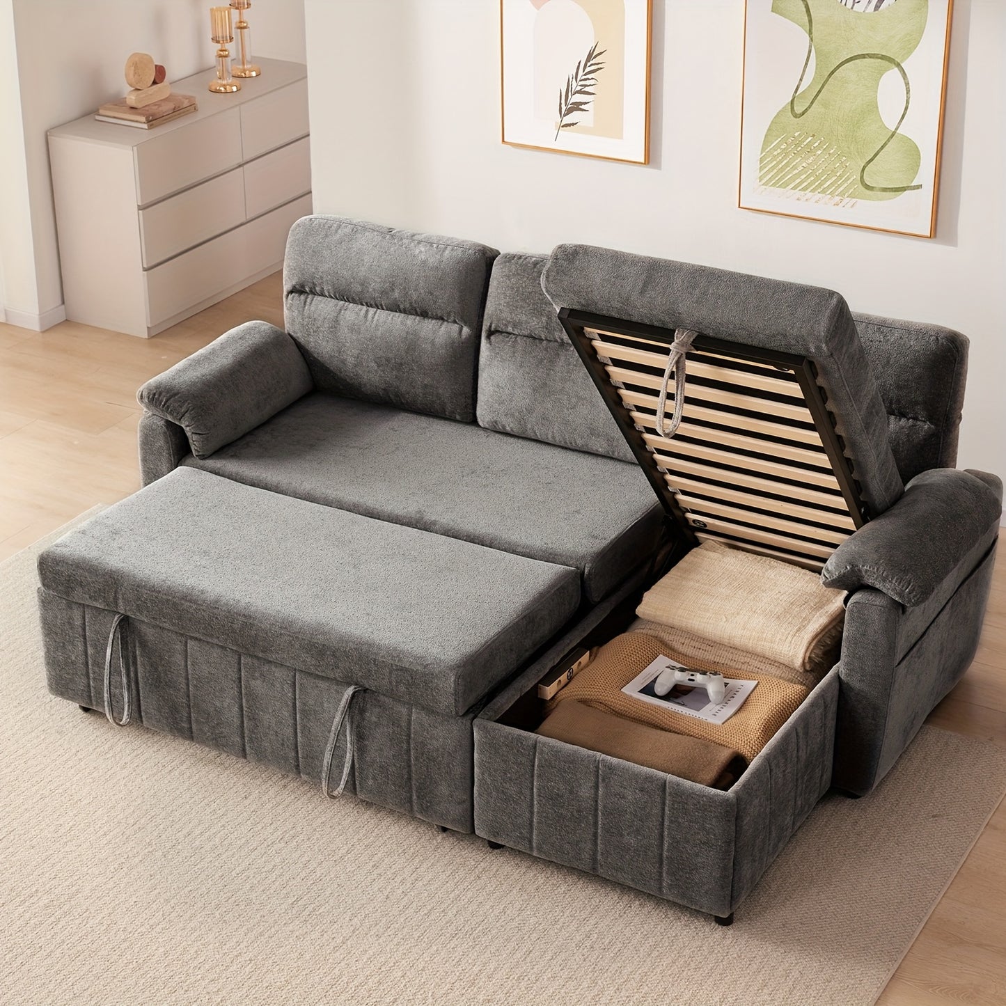 Chenille 84' Queen Sleeper Sofa Couch With Pullout Bed, Cloud Sofa Bed Couch With Chaise, Convertible Sofa Bed, Built-in Large Hidden Storage Space, Pull Out Sofa For Living Room, Small Spaces