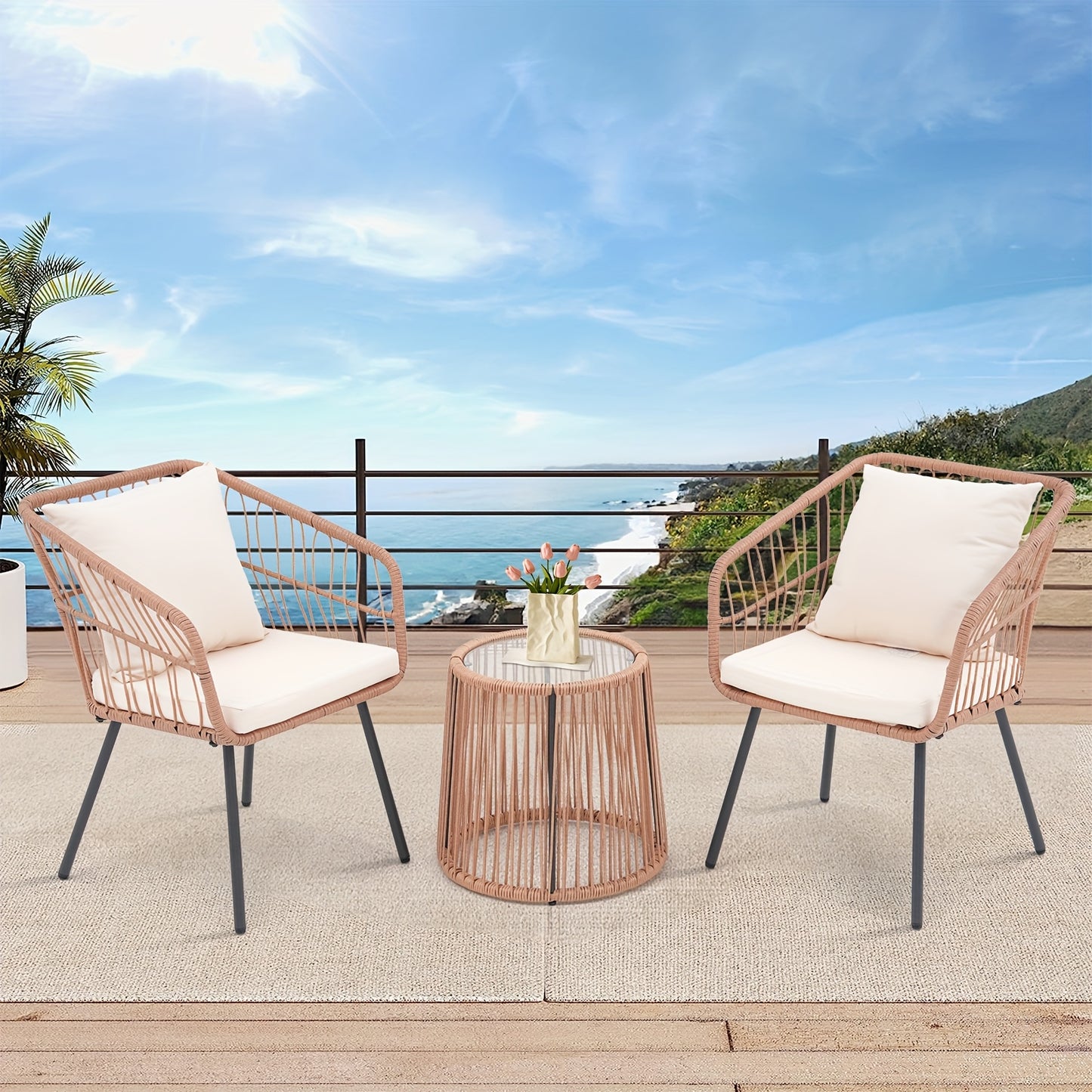 3pcs Patio Rattan Furniture Set, PE Wicker Bistro Set with 2 Armchairs And Glass Topped Side Table, Outdoor Conversation Set for Porch Balcony Backyard Poolside