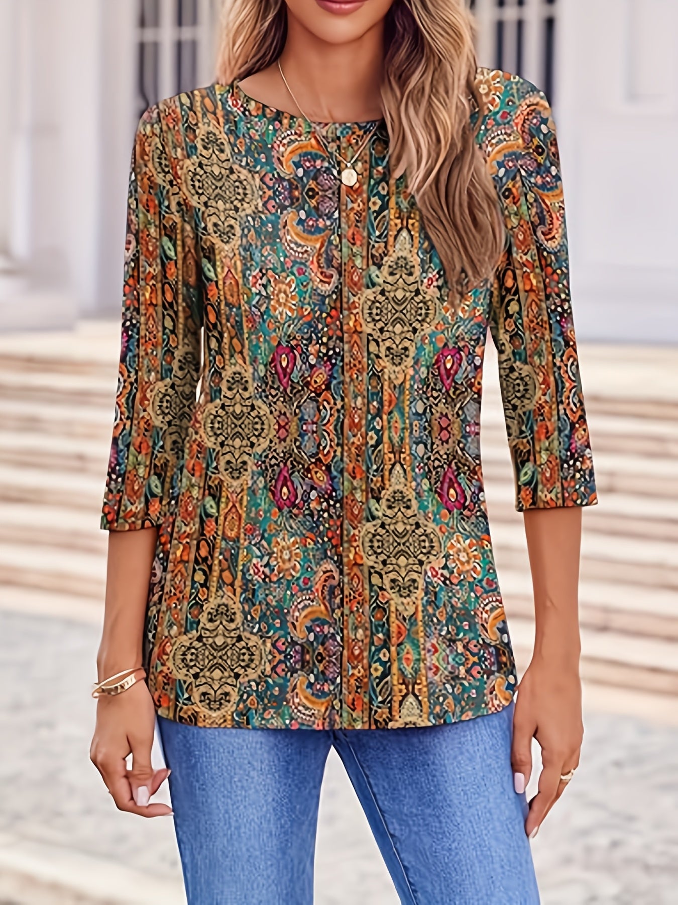 Women'S Casual Three-quarter Sleeve Top Round Neck Casual Printed T-shirt