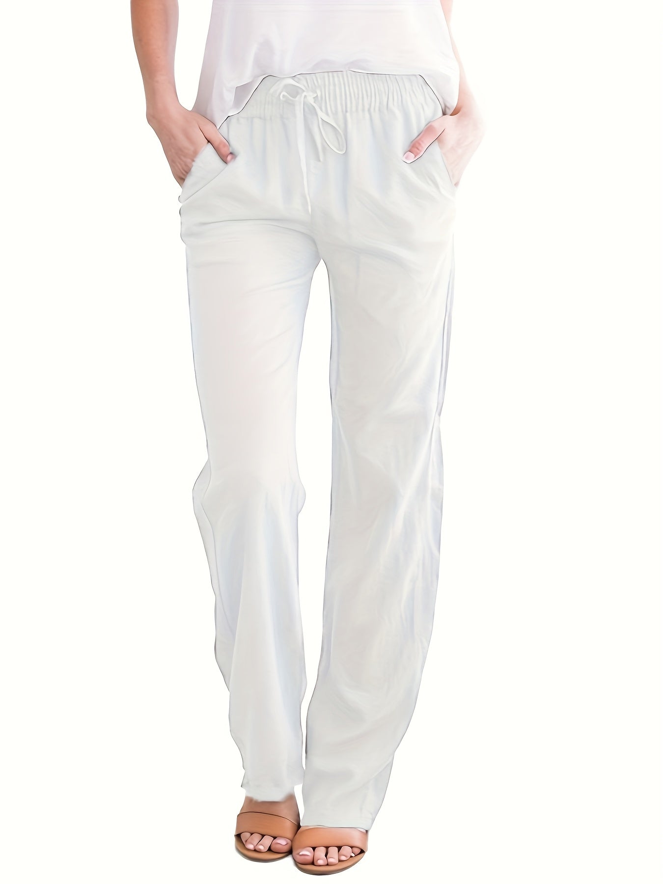 Women's Casual Solid Color Trousers with Pockets & Adjustable Drawstring Waist - Loose Fit Lightweight Pants for Spring Summer Fall, Machine Washable for Daily Commuting & Casual Outings, Flexible Clothing, Stylish Simplicity