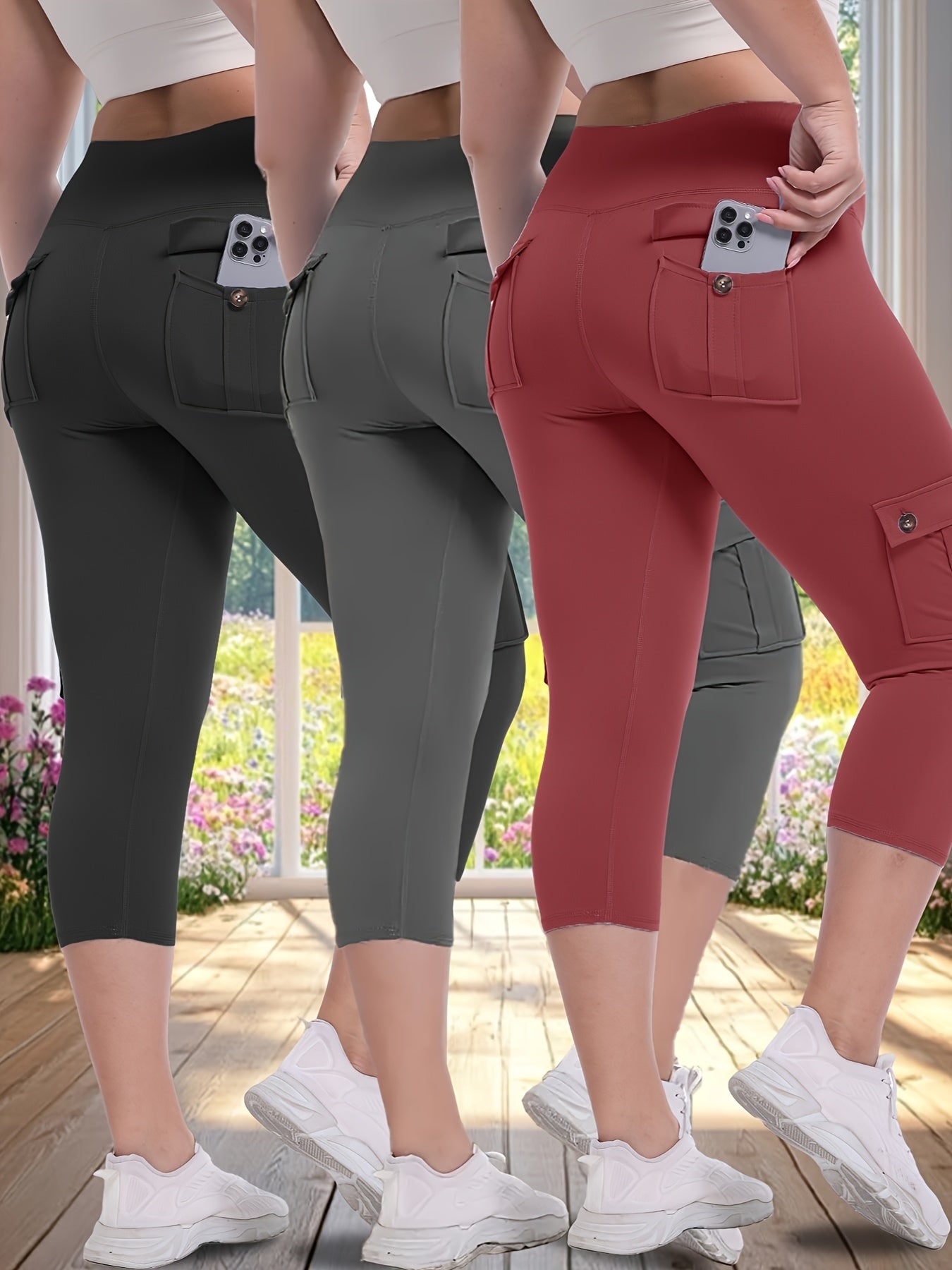 3pcs Women'S High-Waisted Yoga 7/10 Pants with Pockets - Stretch Running And Sports Leggings, Button Design, Solid Color, Comfortable Polyester Blend Fabric.